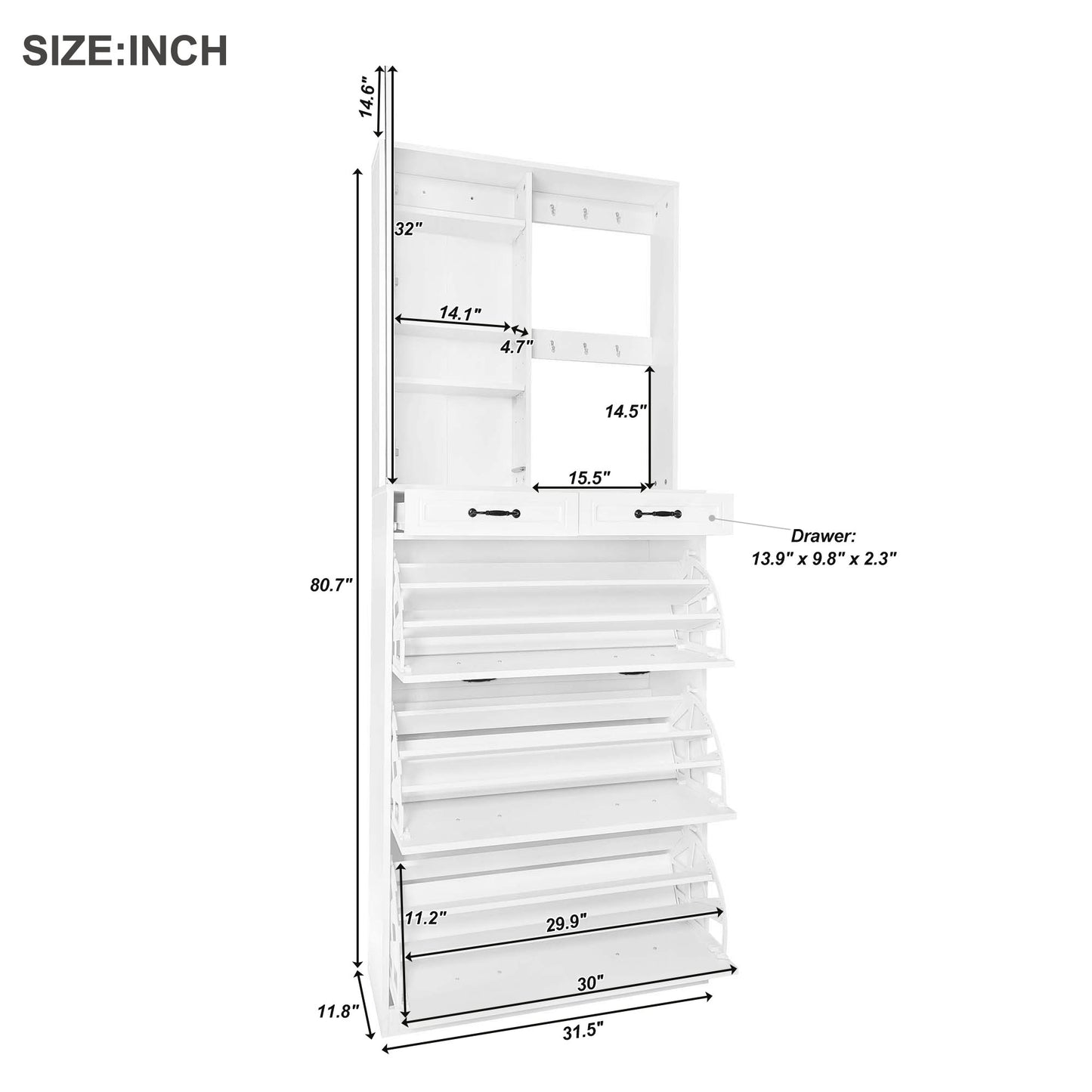 Melysen Multi-functional Shoe Cabinet with 3 Flip Drawers, Elegant Hall Tree with Mirror, Freestanding Entryway Organizer Shoe Rack with 6 Hanging Hooks for Hallway, White