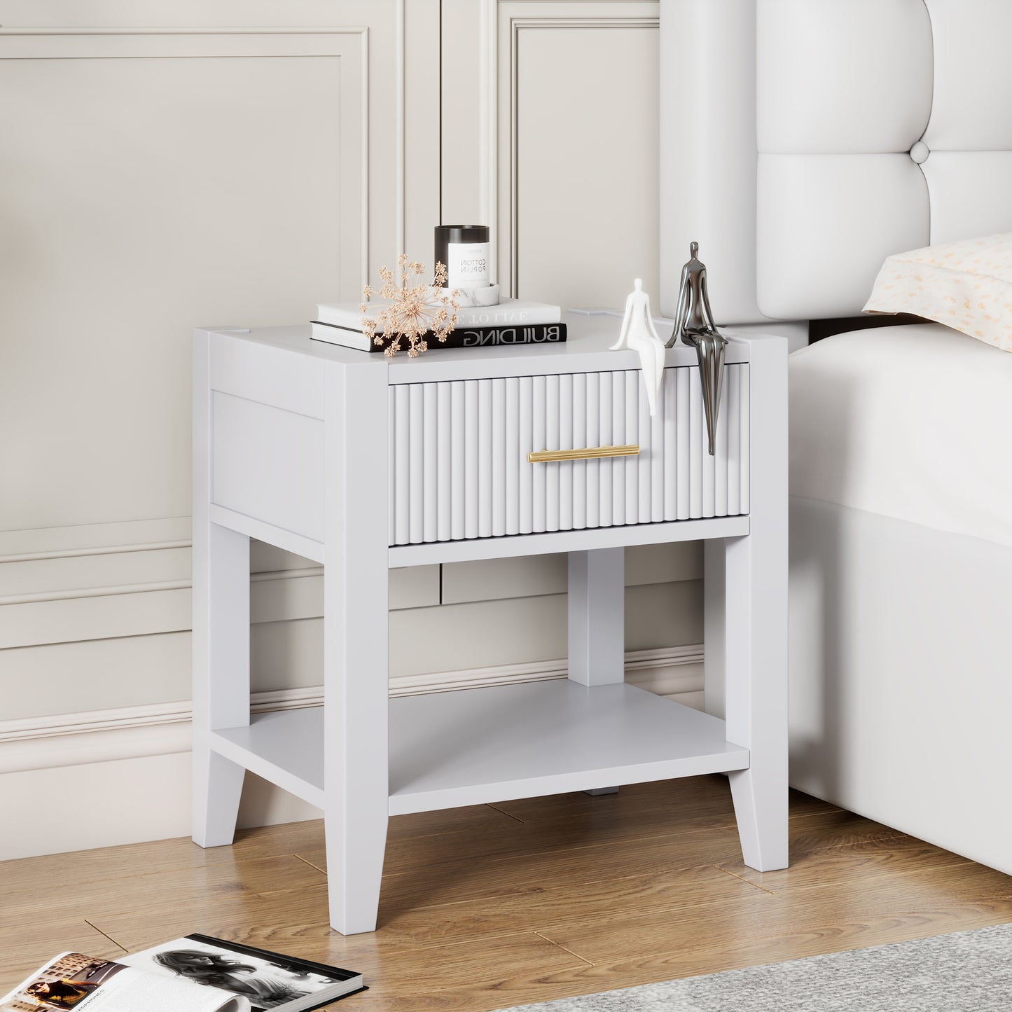 Melysen Wooden Nightstand with a Drawer and an Open Storage, End Table for Bedroom,White