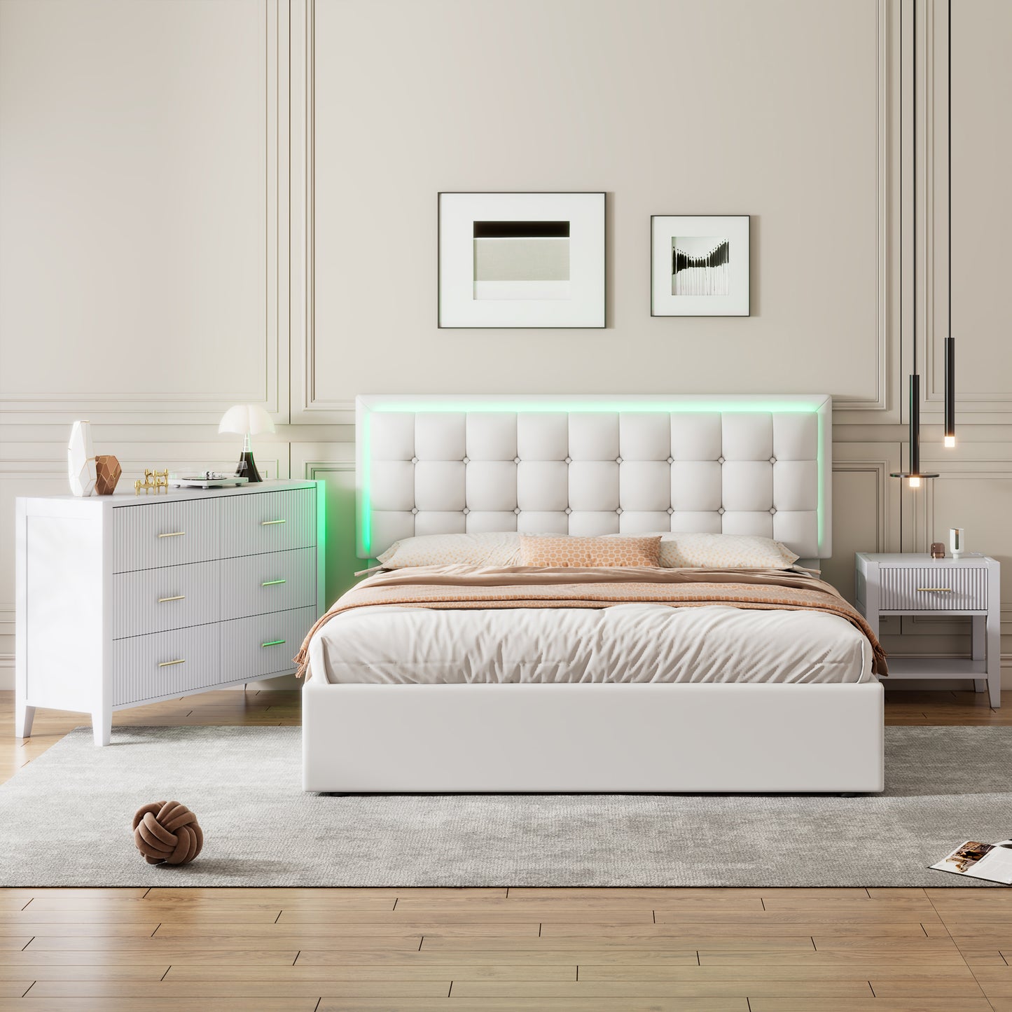 Melysen 3-Pieces Bedroom Sets Queen Size Tufted Upholstered  PU Platform Bed with Nightstand and Storage Dresser,White