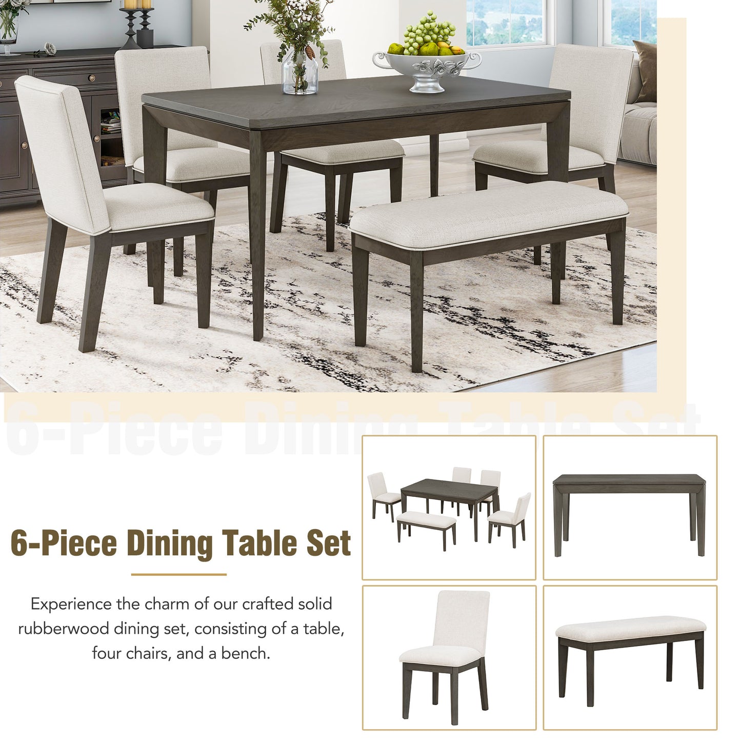 Melysen 6-Piece Dining Table Set with Upholstered Dining Chairs and Bench,Farmhouse Style, Tapered Legs,Dark Gray+Beige