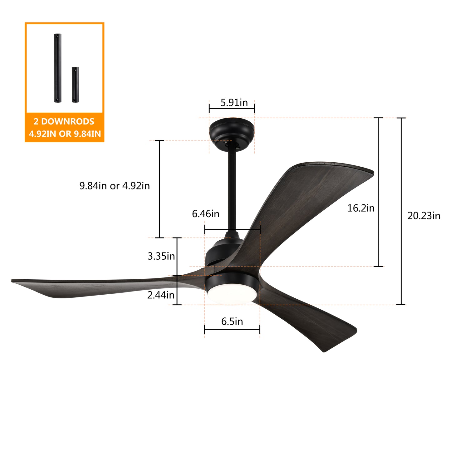 Melysen 52" Ceiling Fan with Lights Remote Control,Quiet DC Motor 3 Blade Ceiling Fans 6 Speed Levels,Reversible Ceiling Fan, for Patio Living Room, Bedroom, Office,Indoor.(Matte Black +Black Walnut )