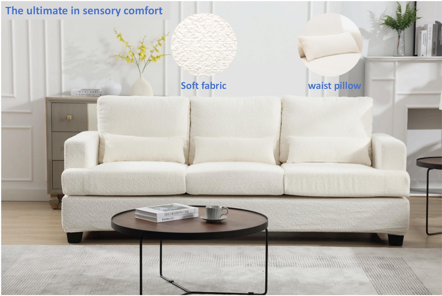 Melysen Modern Sofas Couches for Living Room, Sofas & couches with Square Armrest, Removable back Cushion,White