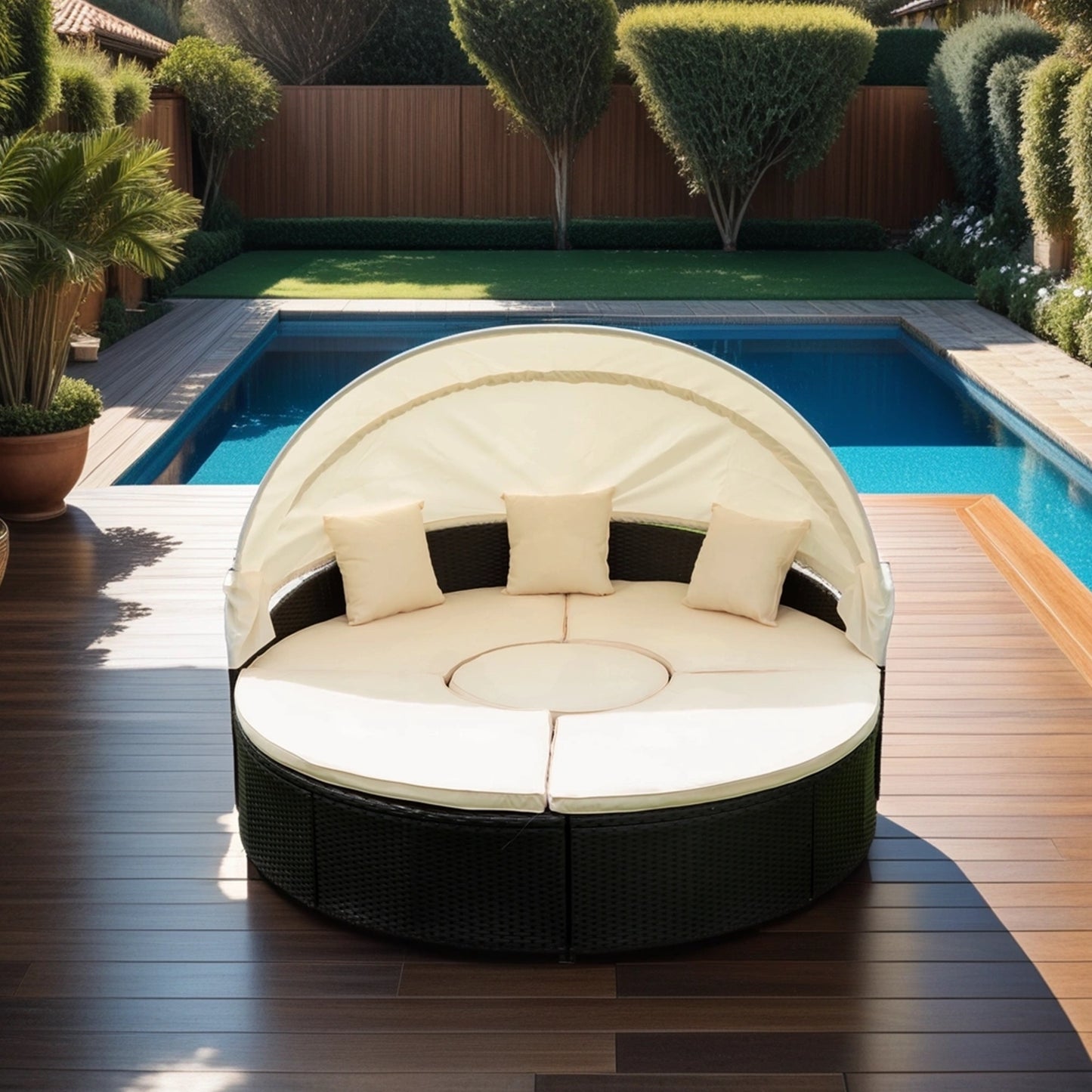 Melysen Outdoor Patio Round Daybed with Retractable Canopy Rattan Wicker Furniture Sectional Seating Set Black Wicker + Creme Cushion