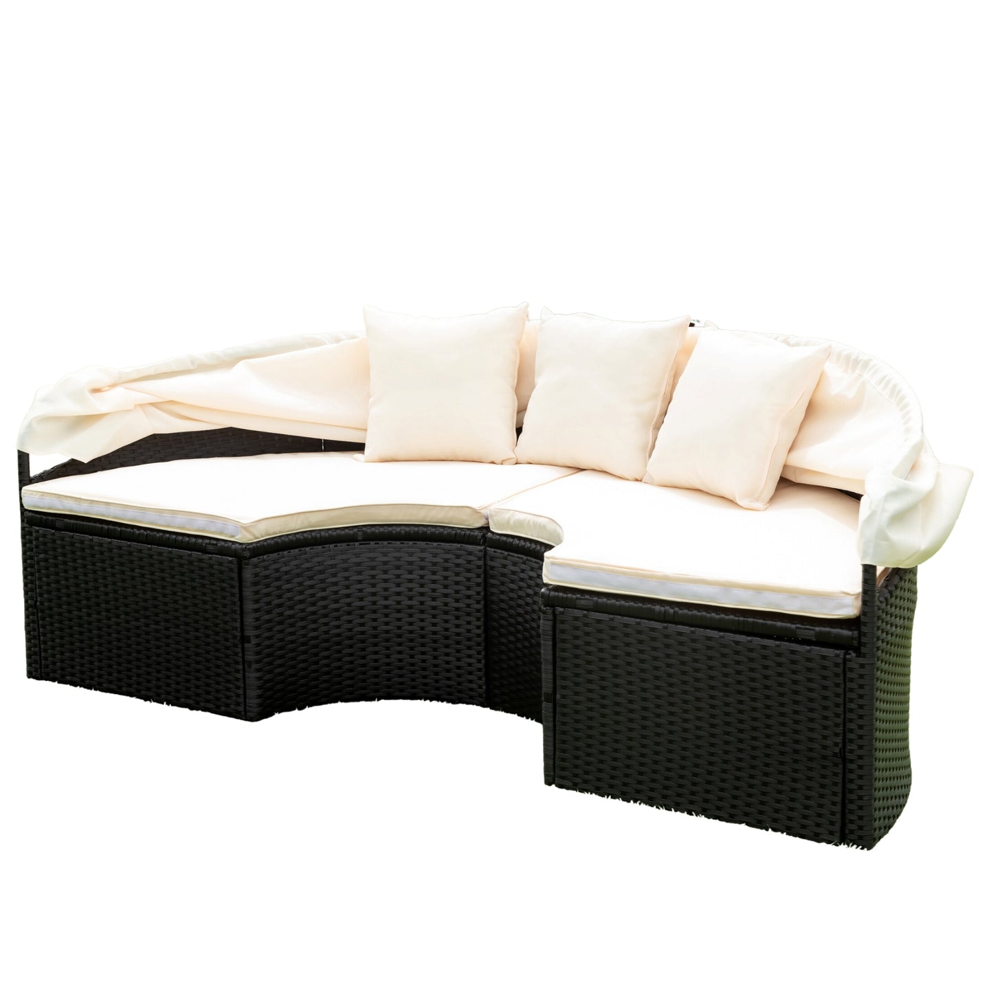 Melysen Outdoor Patio Round Daybed with Retractable Canopy Rattan Wicker Furniture Sectional Seating Set Black Wicker + Creme Cushion