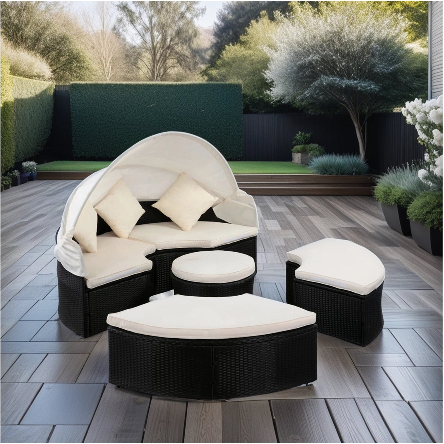 Melysen Outdoor Patio Round Daybed with Retractable Canopy Rattan Wicker Furniture Sectional Seating Set Black Wicker + Creme Cushion