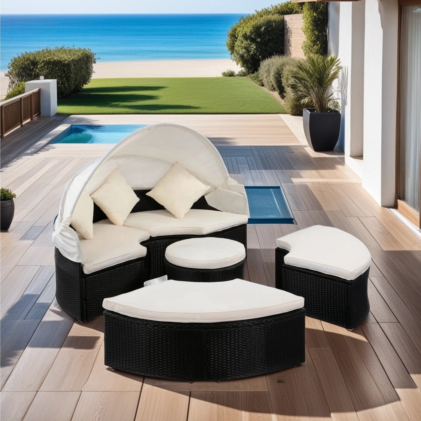 Melysen Outdoor Patio Round Daybed with Retractable Canopy Rattan Wicker Furniture Sectional Seating Set Black Wicker + Creme Cushion