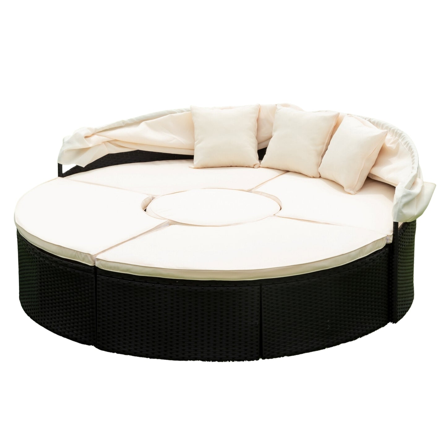 Melysen Outdoor Patio Round Daybed with Retractable Canopy Rattan Wicker Furniture Sectional Seating Set Black Wicker + Creme Cushion