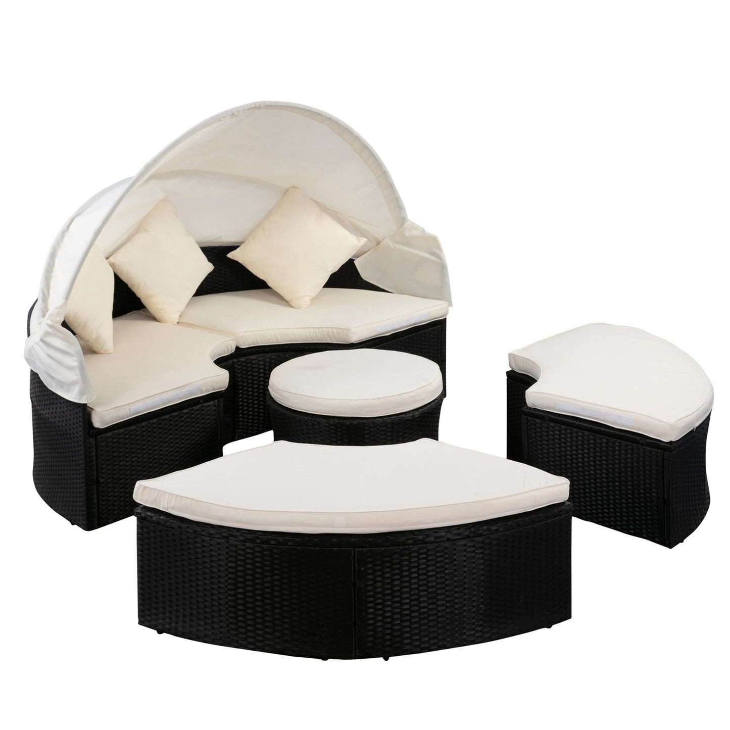 Melysen Outdoor Patio Round Daybed with Retractable Canopy Rattan Wicker Furniture Sectional Seating Set Black Wicker + Creme Cushion