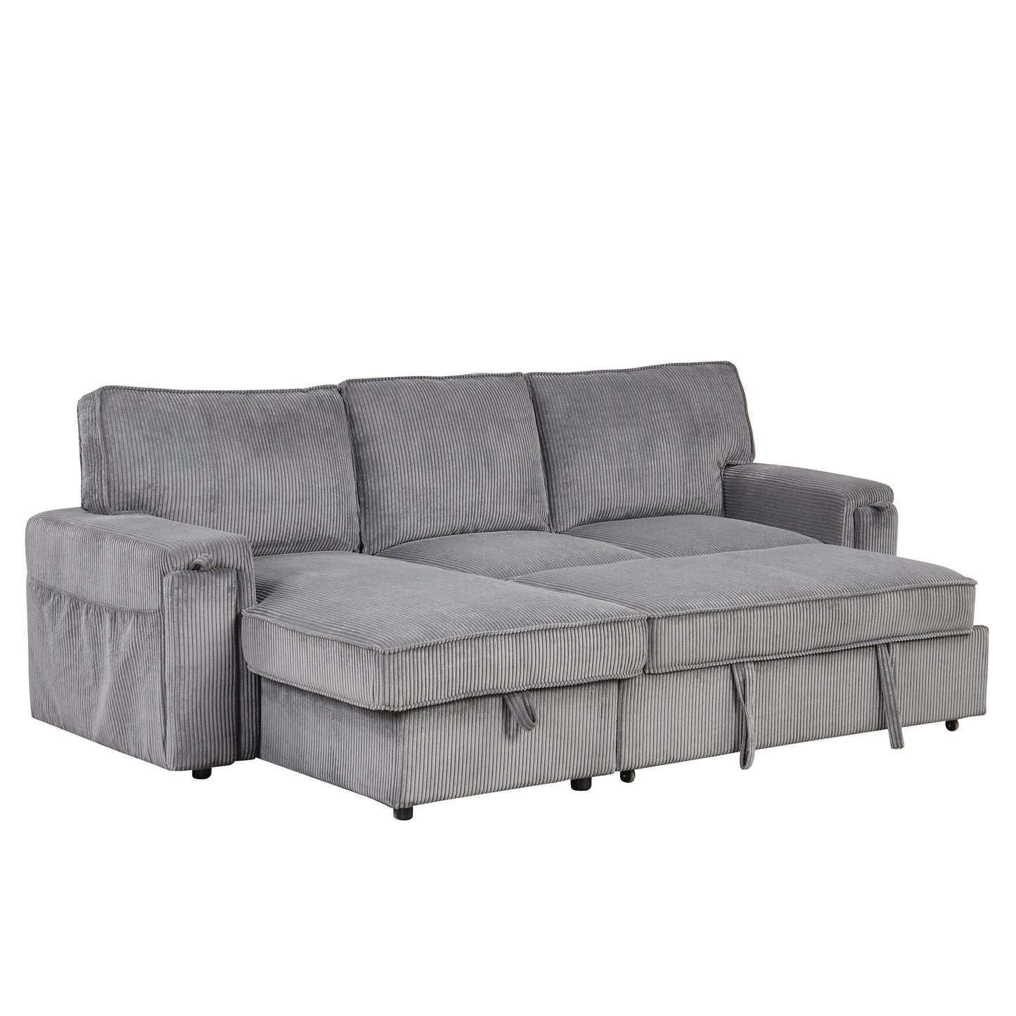 Melysen Upholstery Sleeper Sectional Sofa with Storage Bags and 2 cup holders on Arms