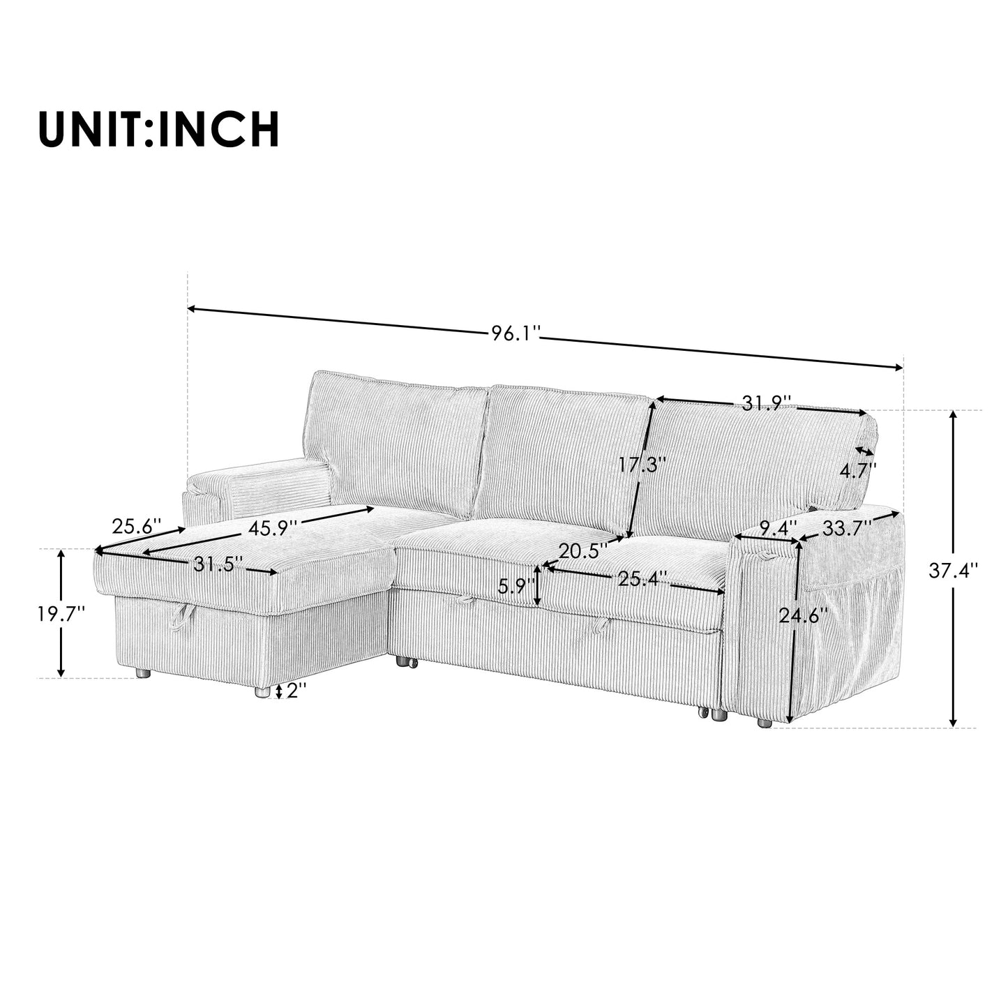 Melysen Upholstery Sleeper Sectional Sofa with Storage Bags and 2 cup holders on Arms