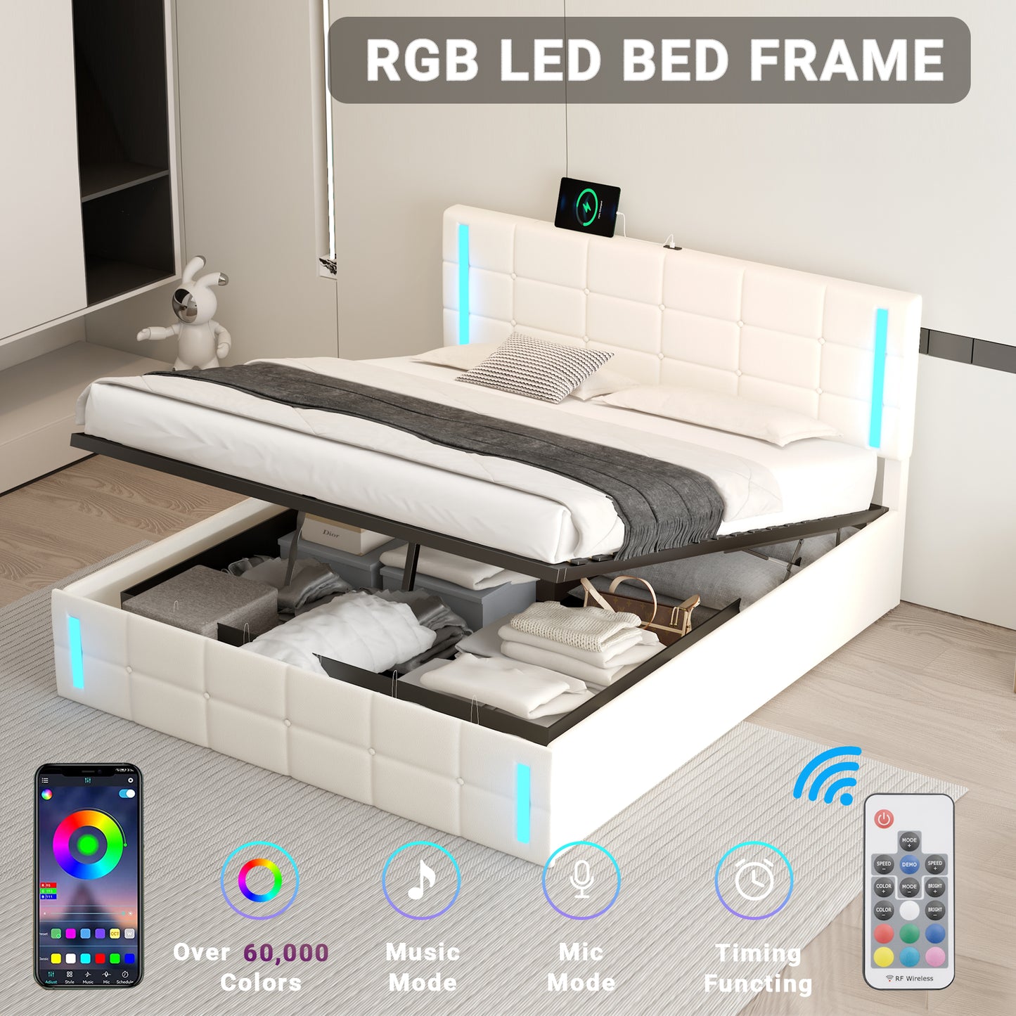 Melysen Queen Size Upholstered Bed with LED Lights,Hydraulic Storage System and USB Charging Station