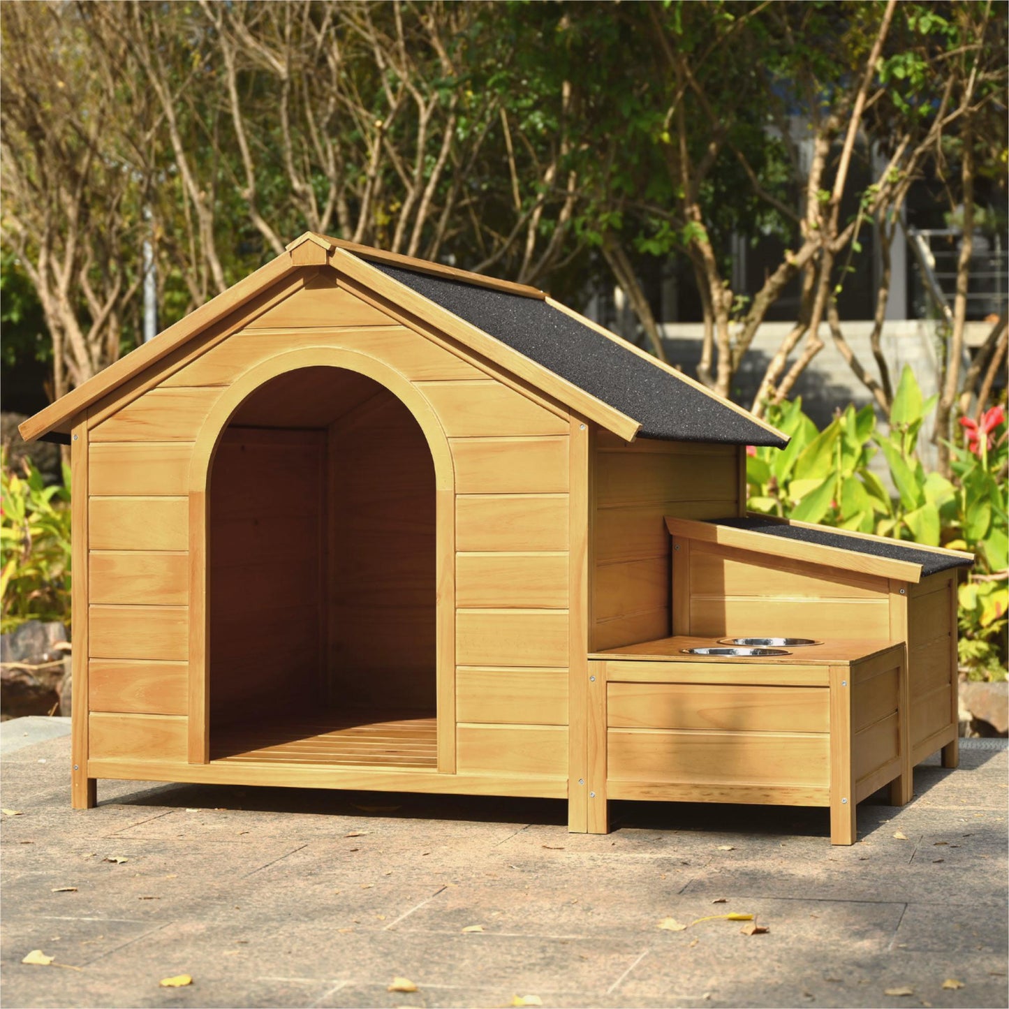 Melysen 51.18" L x 43.7" W x 37" H Large Size Wooden Dog House, Dog Crate For large dog breeds, Cabin Style Raised Dog Shelter with Asphalt Roof, Solid Wood, Weatherproof, Nature