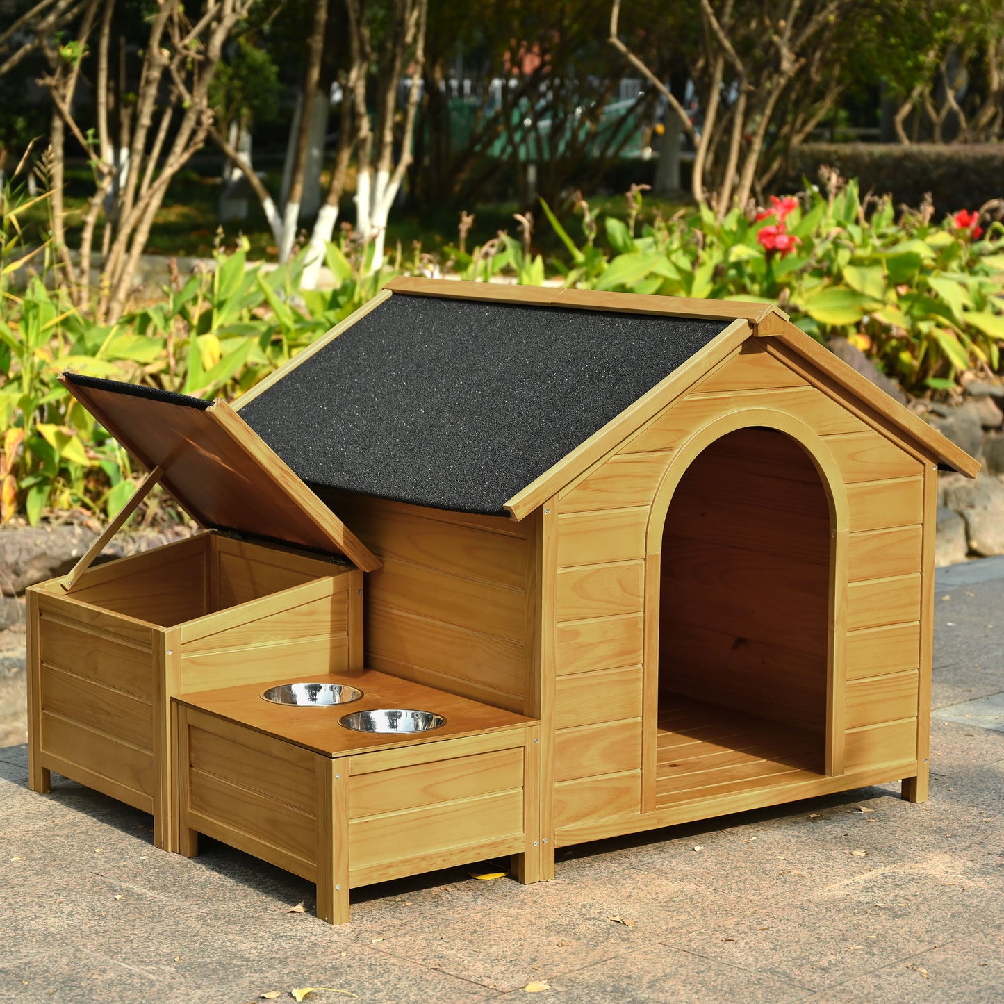 Melysen 51.18" L x 43.7" W x 37" H Large Size Wooden Dog House, Dog Crate For large dog breeds, Cabin Style Raised Dog Shelter with Asphalt Roof, Solid Wood, Weatherproof, Nature