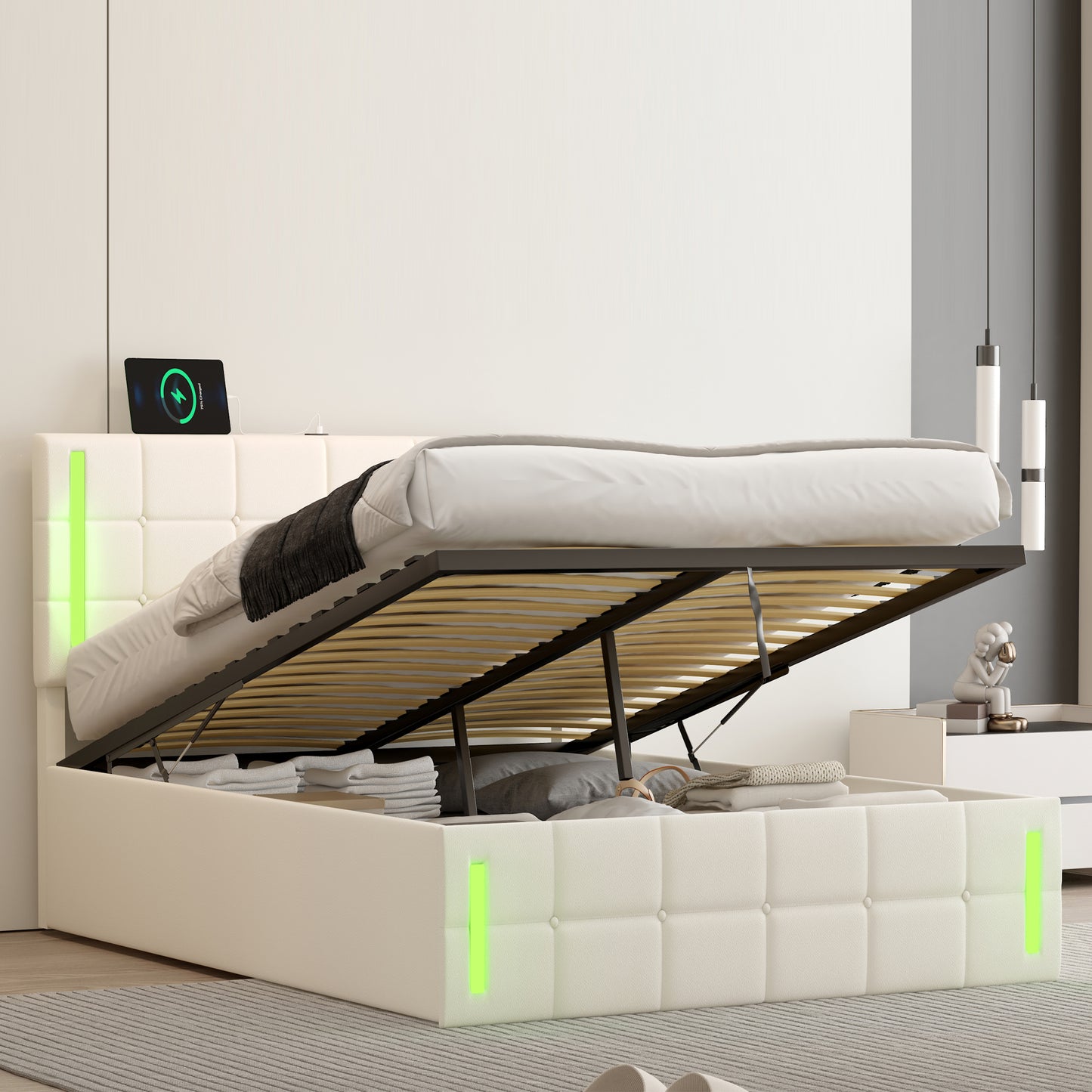 Melysen Full Size Upholstered Bed with LED Lights,Hydraulic Storage System and USB Charging Station