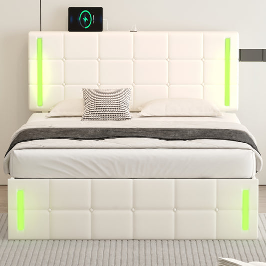 Melysen Full Size Upholstered Bed with LED Lights,Hydraulic Storage System and USB Charging Station