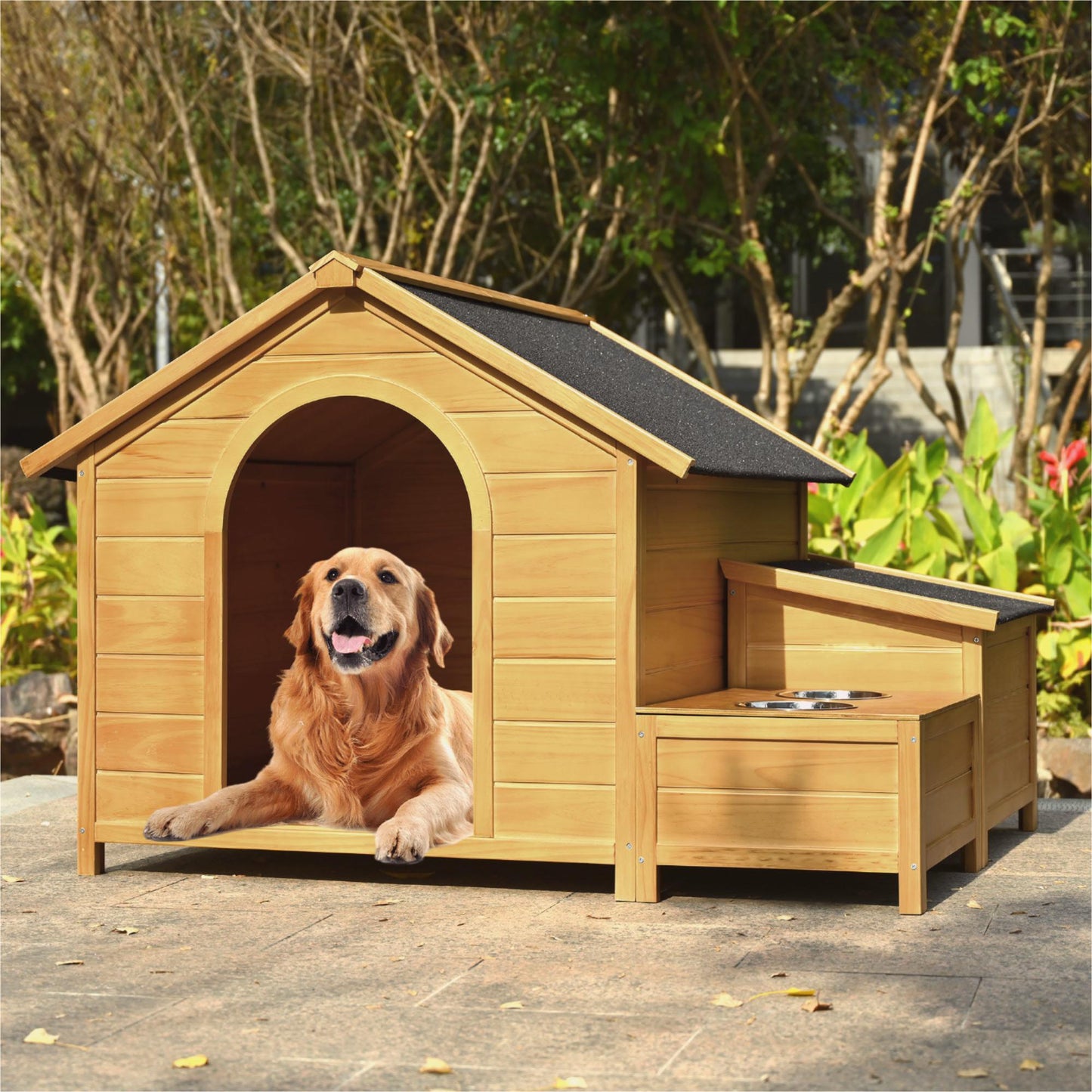 Melysen 51.18" L x 43.7" W x 37" H Large Size Wooden Dog House, Dog Crate For large dog breeds, Cabin Style Raised Dog Shelter with Asphalt Roof, Solid Wood, Weatherproof, Nature