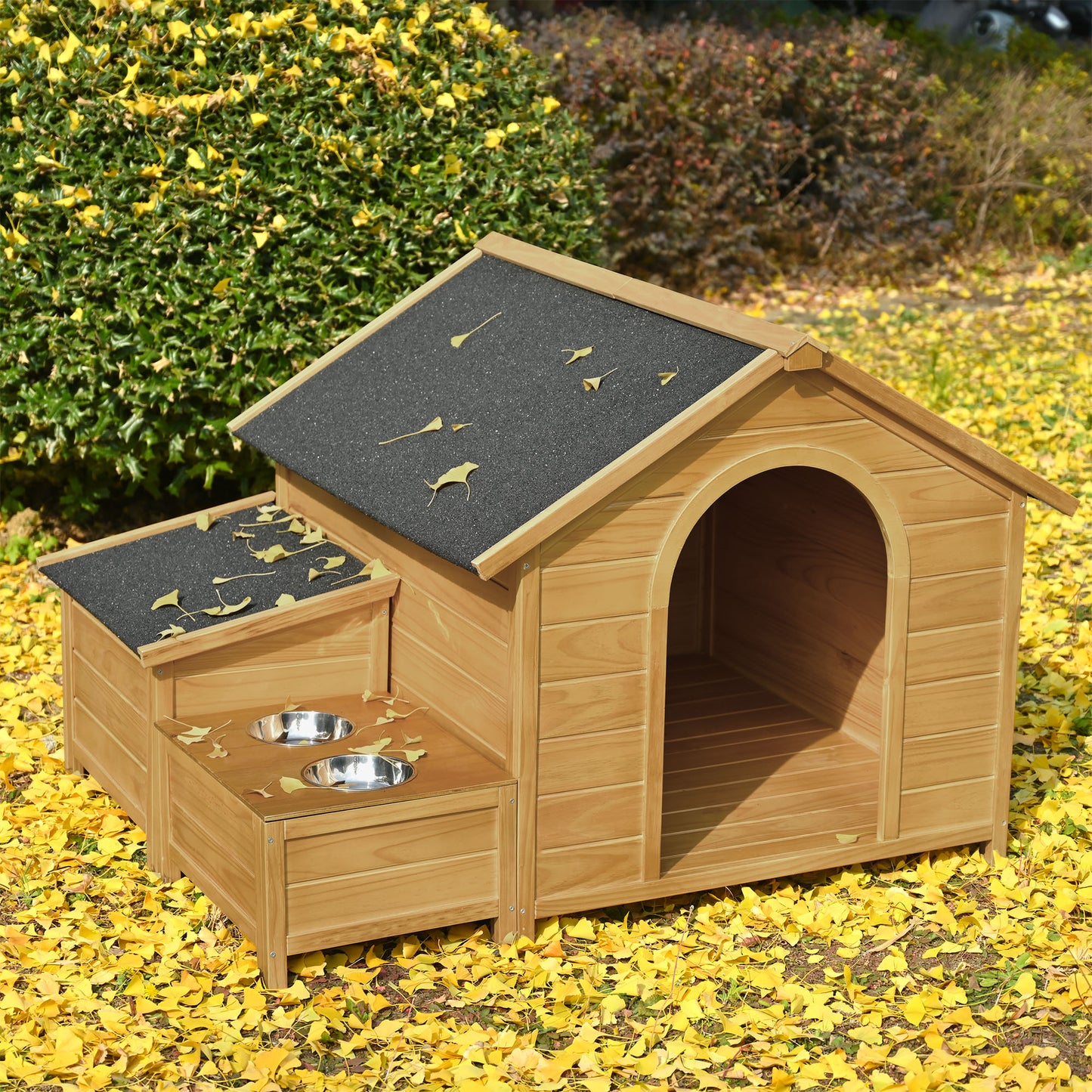 Melysen 51.18" L x 43.7" W x 37" H Large Size Wooden Dog House, Dog Crate For large dog breeds, Cabin Style Raised Dog Shelter with Asphalt Roof, Solid Wood, Weatherproof, Nature