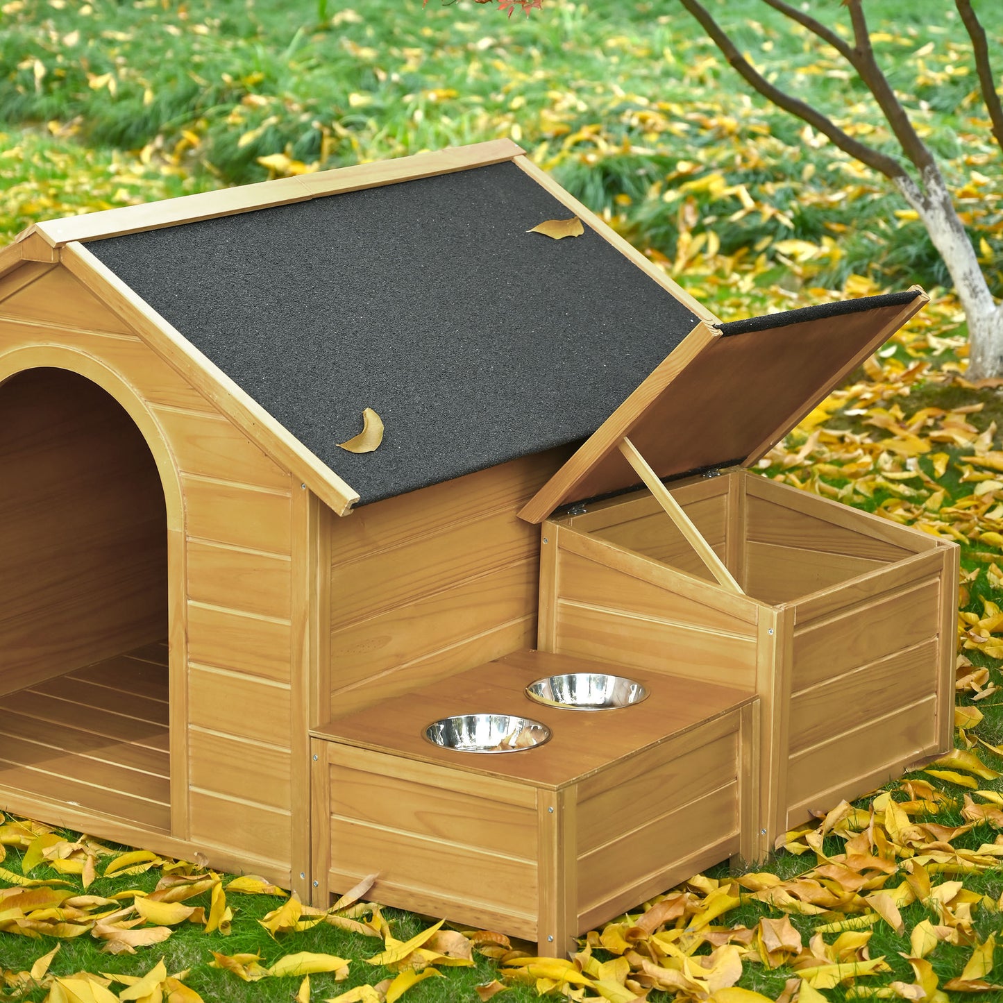 Melysen 51.18" L x 43.7" W x 37" H Large Size Wooden Dog House, Dog Crate For large dog breeds, Cabin Style Raised Dog Shelter with Asphalt Roof, Solid Wood, Weatherproof, Nature