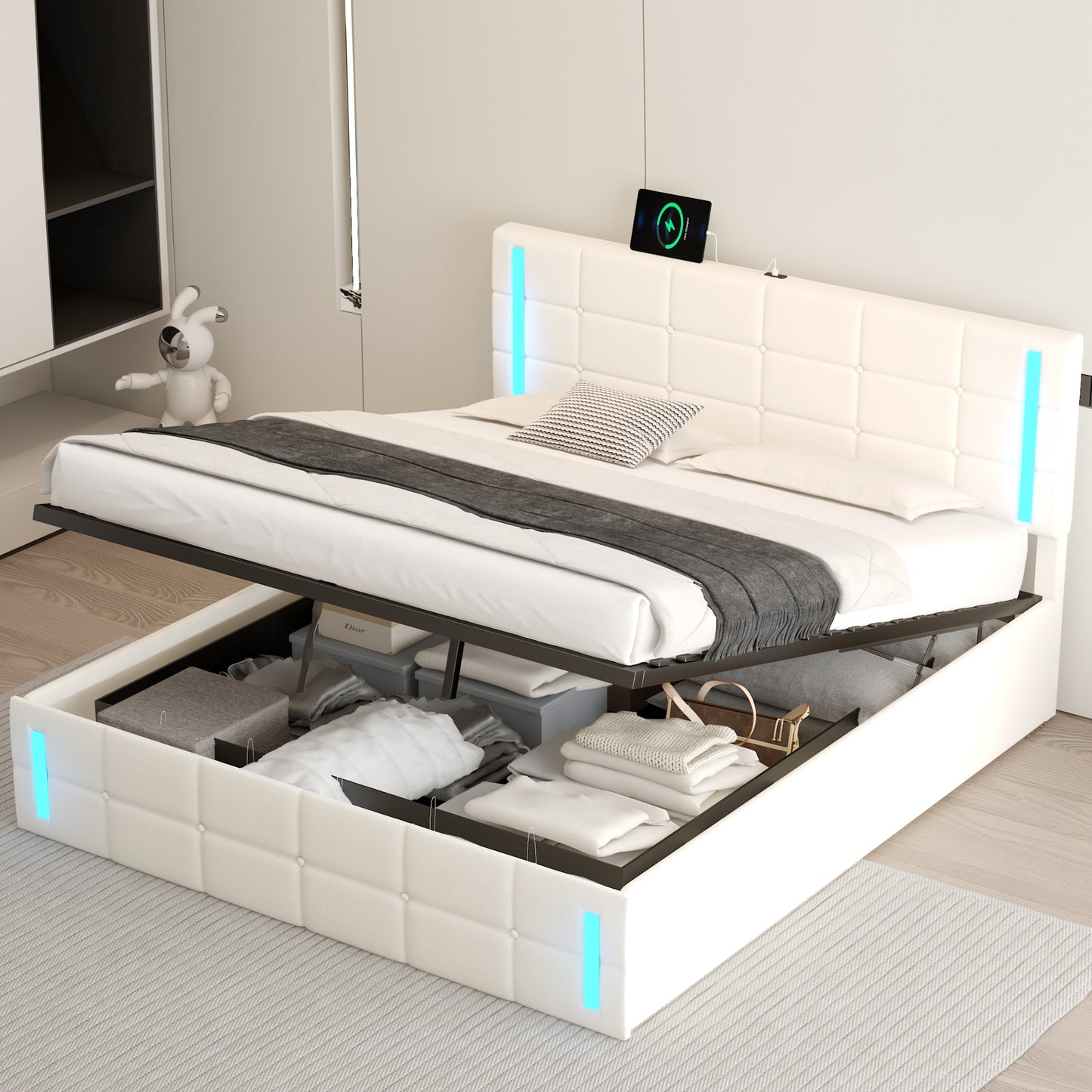 Melysen Queen Size Upholstered Bed with LED Lights,Hydraulic Storage System and USB Charging Station