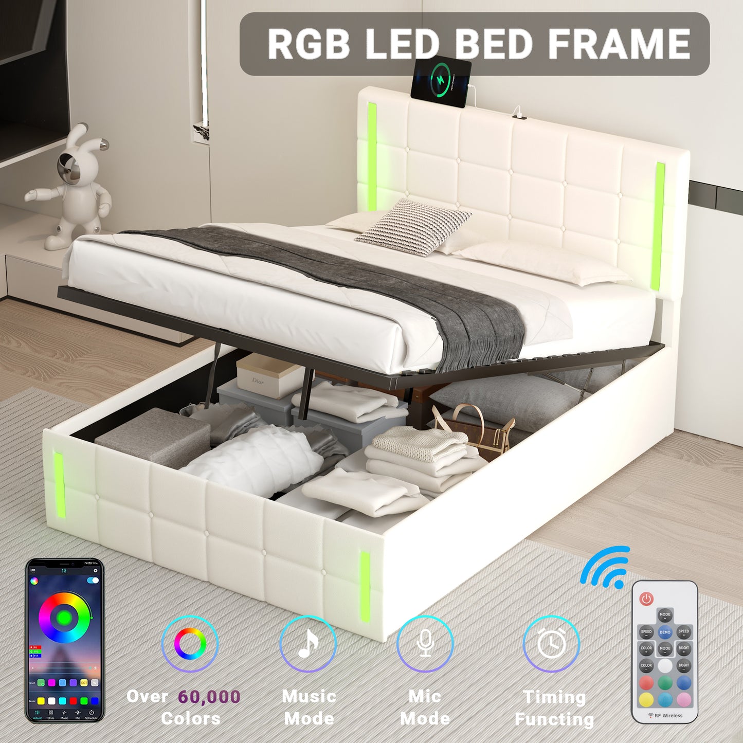 Melysen Full Size Upholstered Bed with LED Lights,Hydraulic Storage System and USB Charging Station