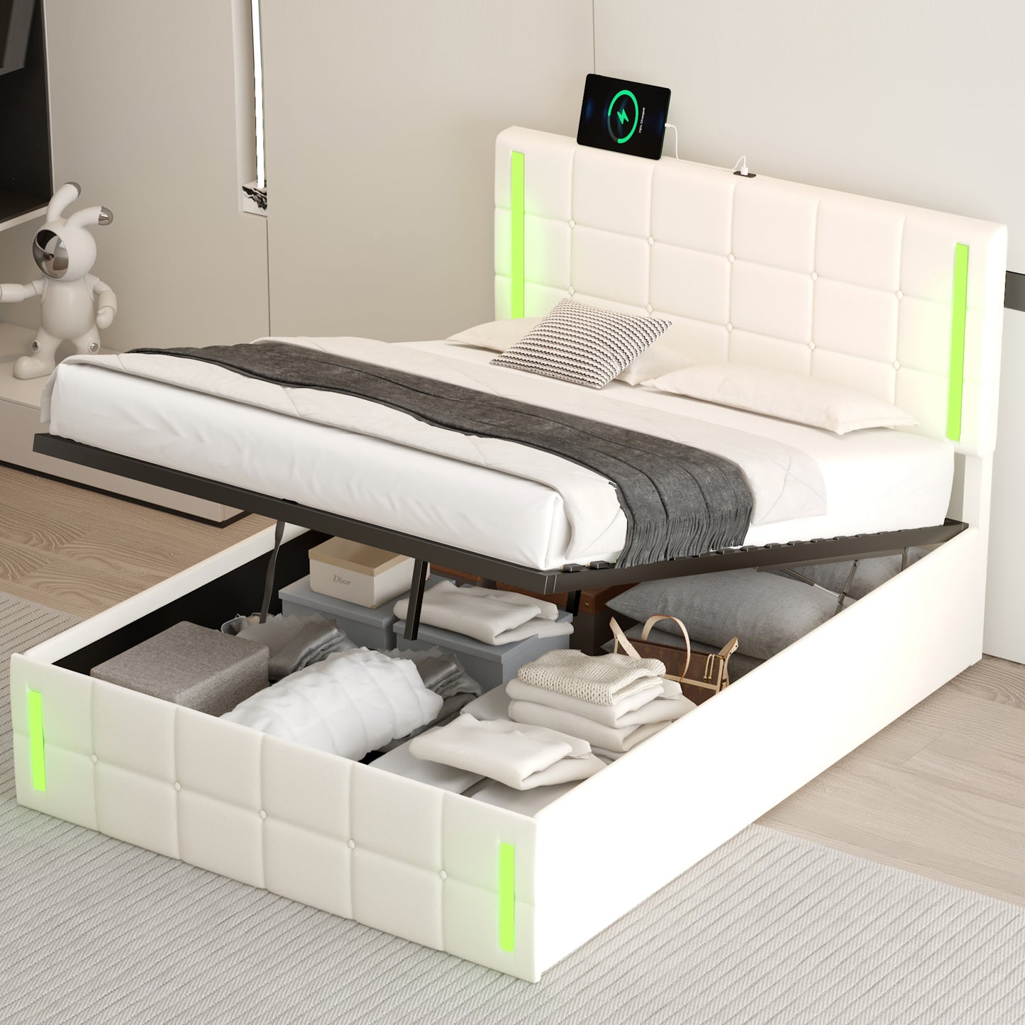 Melysen Full Size Upholstered Bed with LED Lights,Hydraulic Storage System and USB Charging Station