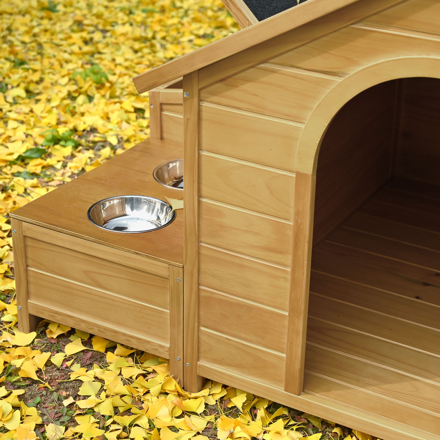 Melysen 51.18" L x 43.7" W x 37" H Large Size Wooden Dog House, Dog Crate For large dog breeds, Cabin Style Raised Dog Shelter with Asphalt Roof, Solid Wood, Weatherproof, Nature