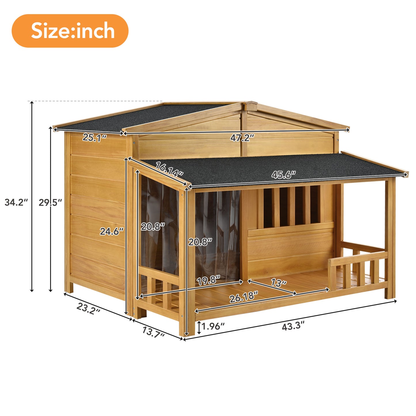 Melysen 47.2" Wooden Dog House, Outdoor & Indoor Dog Crate, Pet Kennel With Porch, Solid Wood, Weatherproof,  Medium, Nature