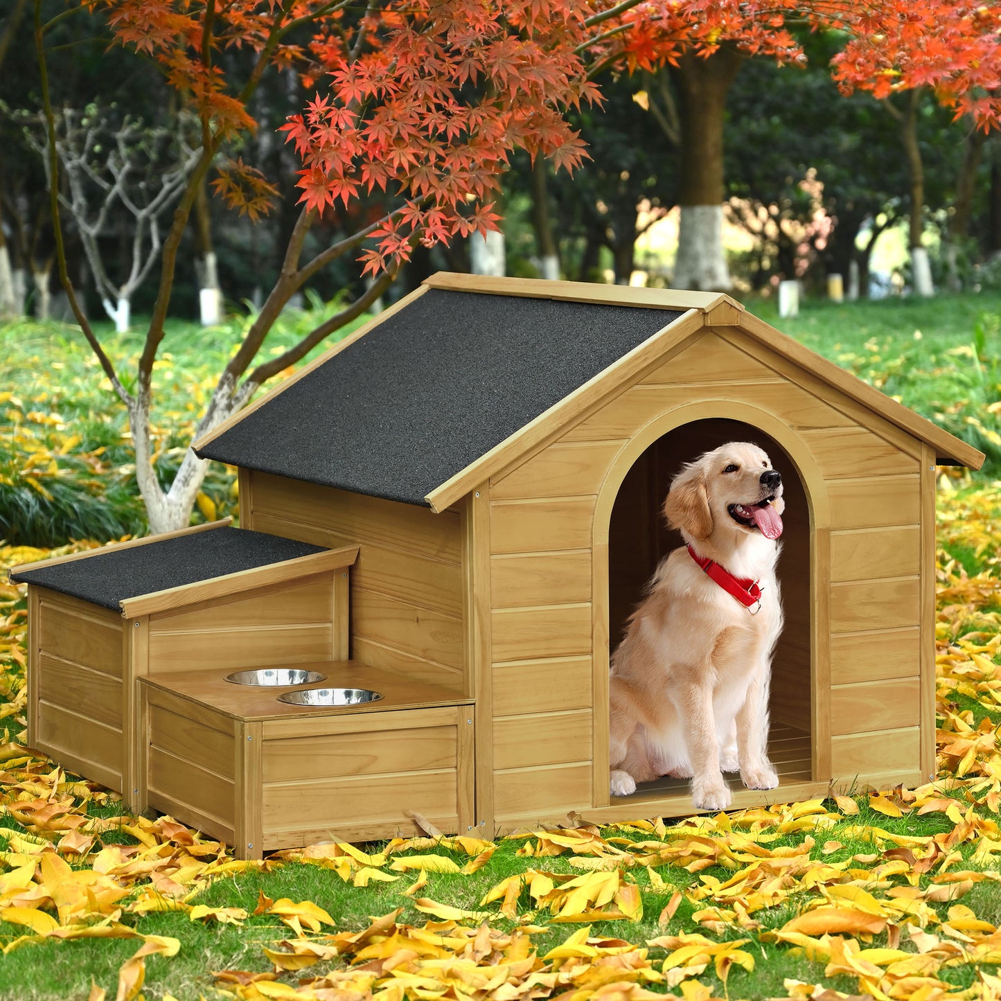 Melysen 51.18" L x 43.7" W x 37" H Large Size Wooden Dog House, Dog Crate For large dog breeds, Cabin Style Raised Dog Shelter with Asphalt Roof, Solid Wood, Weatherproof, Nature