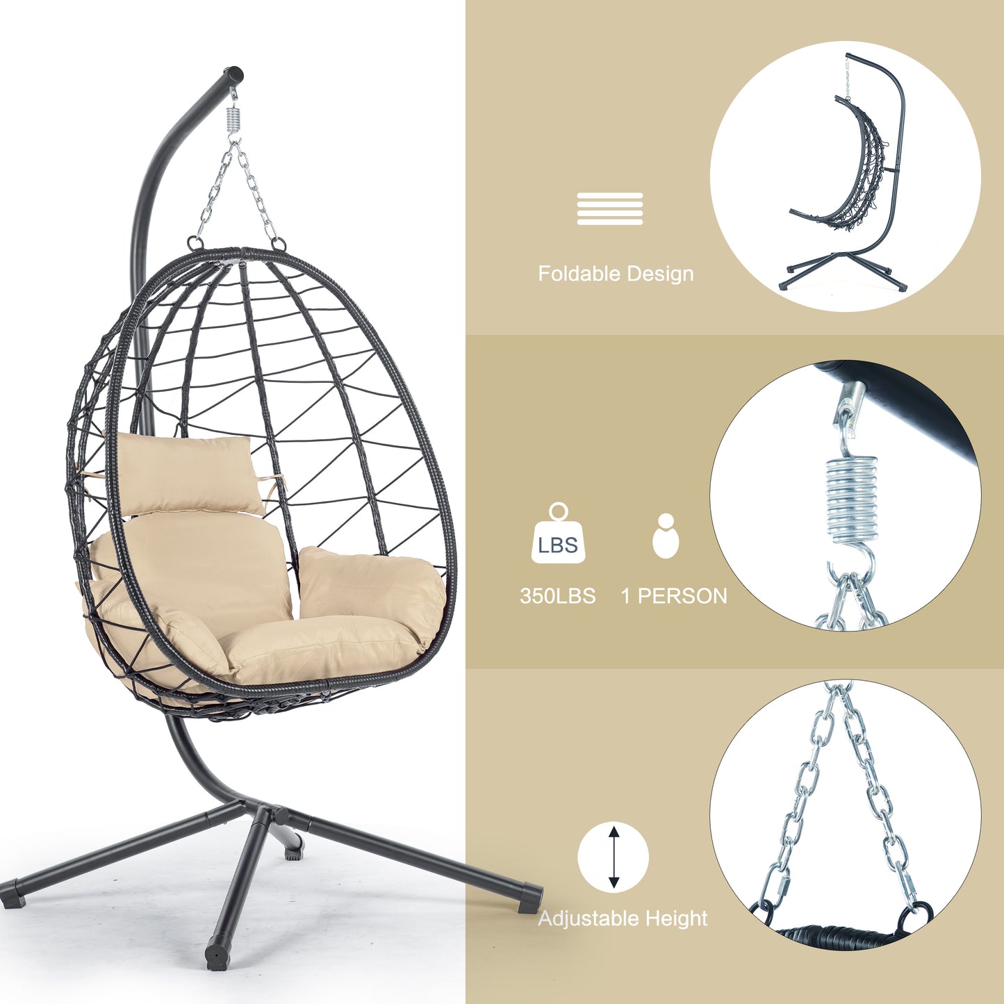 Melysen Egg Chair with Stand Indoor Outdoor Swing Chair Patio Wicker Hanging Egg Chair Hanging Basket Chair Hammock Chair with Stand for Bedroom Living Room Balcony,Beige