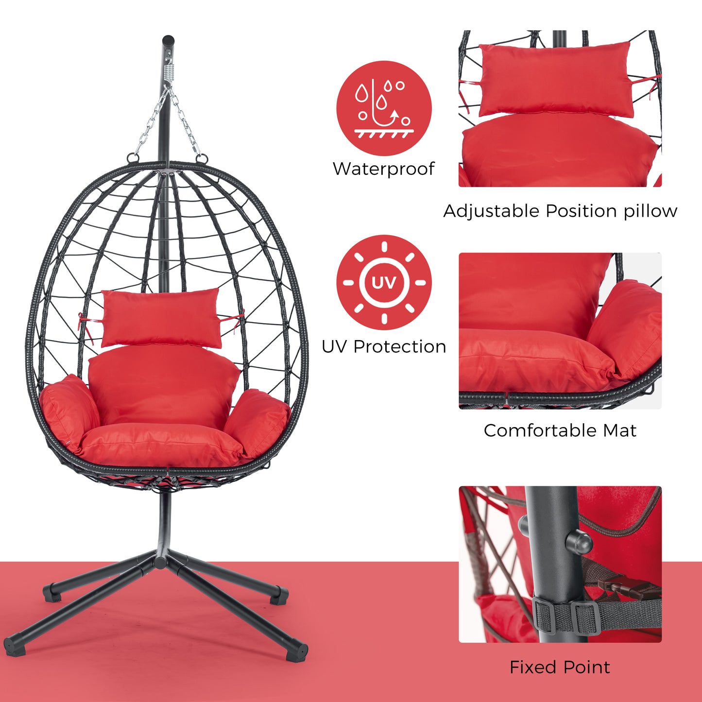 Melysen Egg Chair with Stand Indoor Outdoor Swing Chair Patio Wicker Hanging Egg Chair Hanging Basket Chair Hammock Chair with Stand for Bedroom Living Room Balcony,Red