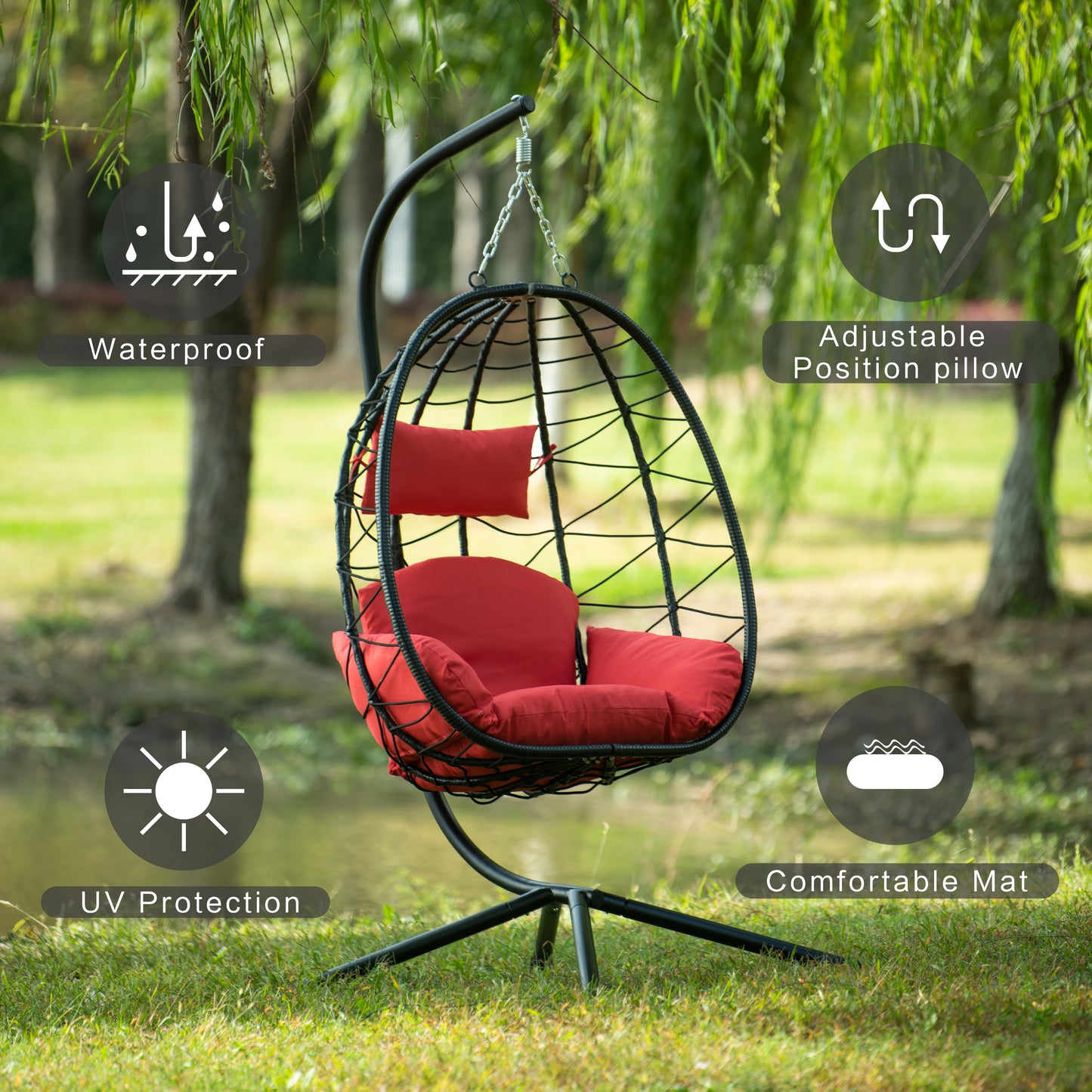 Melysen Egg Chair with Stand Indoor Outdoor Swing Chair Patio Wicker Hanging Egg Chair Hanging Basket Chair Hammock Chair with Stand for Bedroom Living Room Balcony,Red