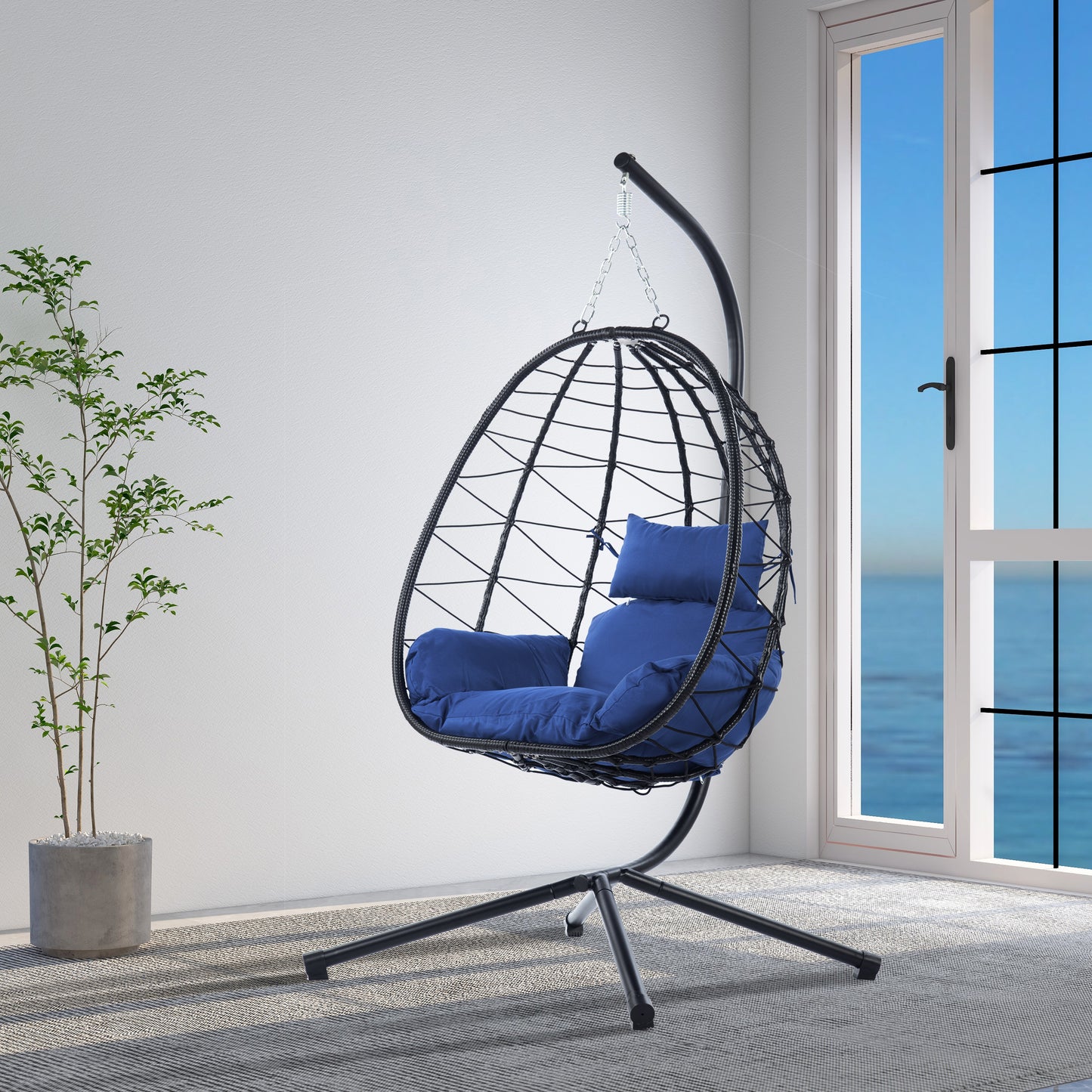 Melysen Egg Chair with Stand Indoor Outdoor Swing Chair Patio Wicker Hanging Egg Chair Hanging Basket Chair Hammock Chair with Stand for Bedroom Living Room Balcony,Navy Blue