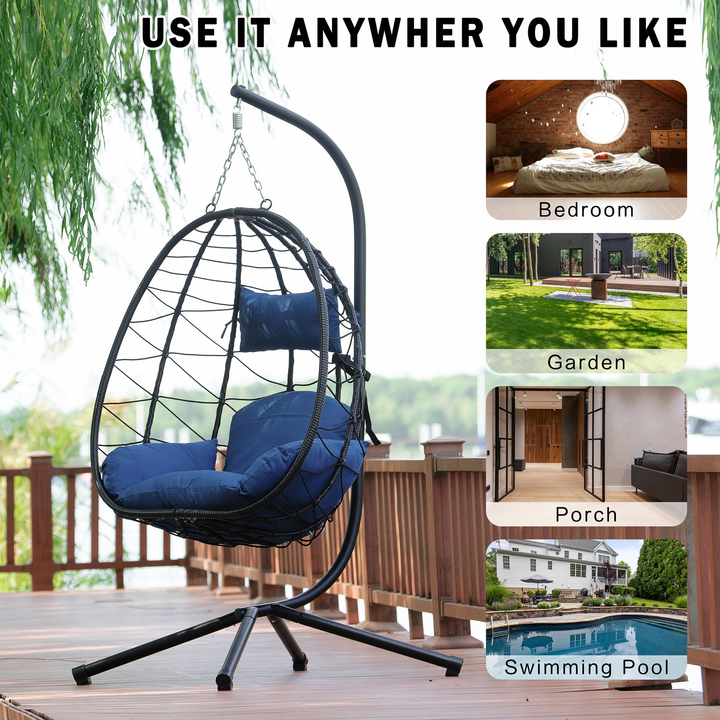 Melysen Egg Chair with Stand Indoor Outdoor Swing Chair Patio Wicker Hanging Egg Chair Hanging Basket Chair Hammock Chair with Stand for Bedroom Living Room Balcony,Navy Blue