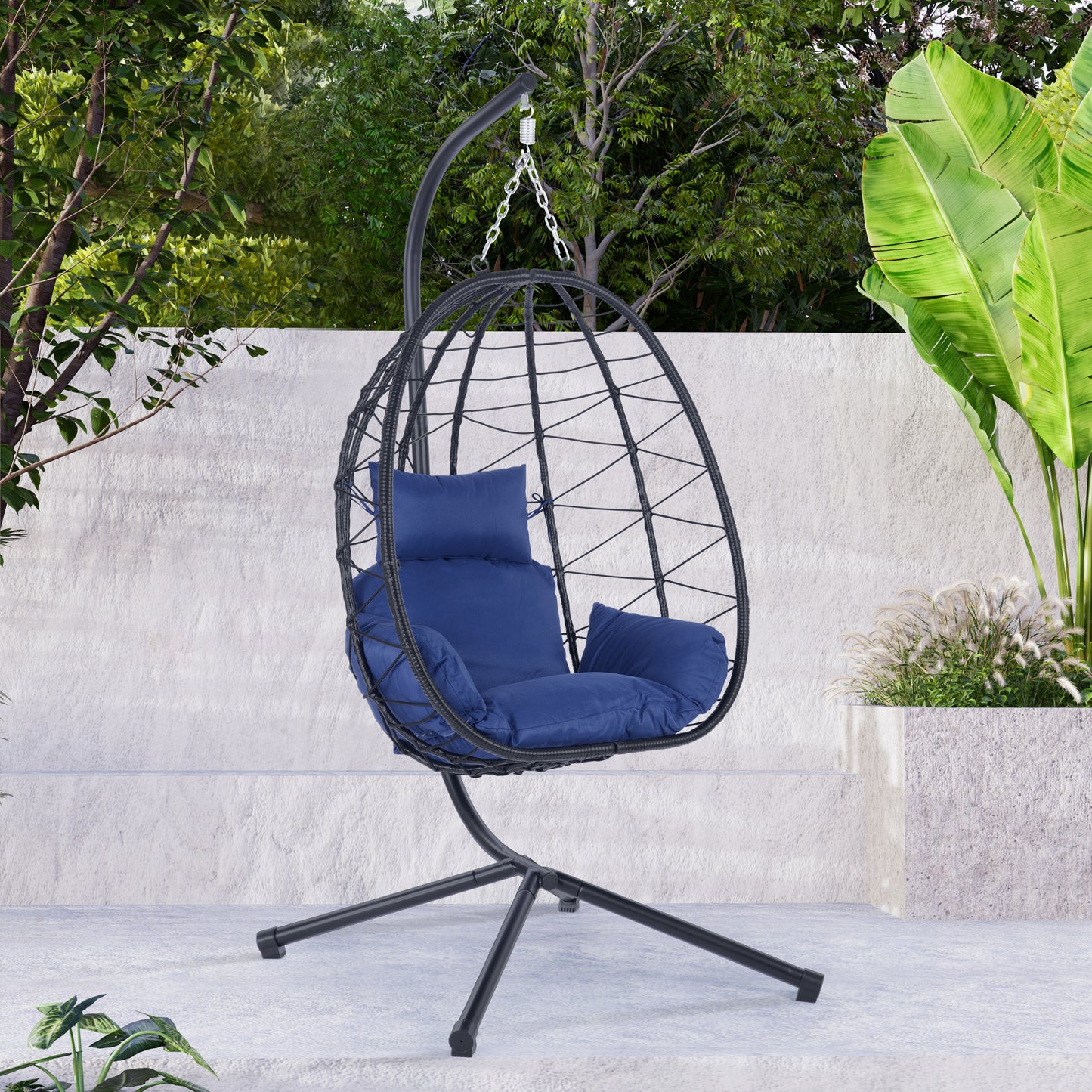 Melysen Egg Chair with Stand Indoor Outdoor Swing Chair Patio Wicker Hanging Egg Chair Hanging Basket Chair Hammock Chair with Stand for Bedroom Living Room Balcony,Navy Blue