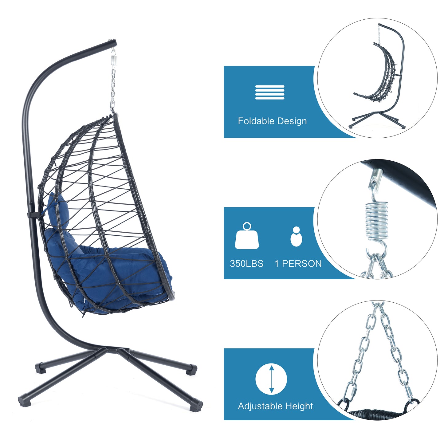 Melysen Egg Chair with Stand Indoor Outdoor Swing Chair Patio Wicker Hanging Egg Chair Hanging Basket Chair Hammock Chair with Stand for Bedroom Living Room Balcony,Navy Blue