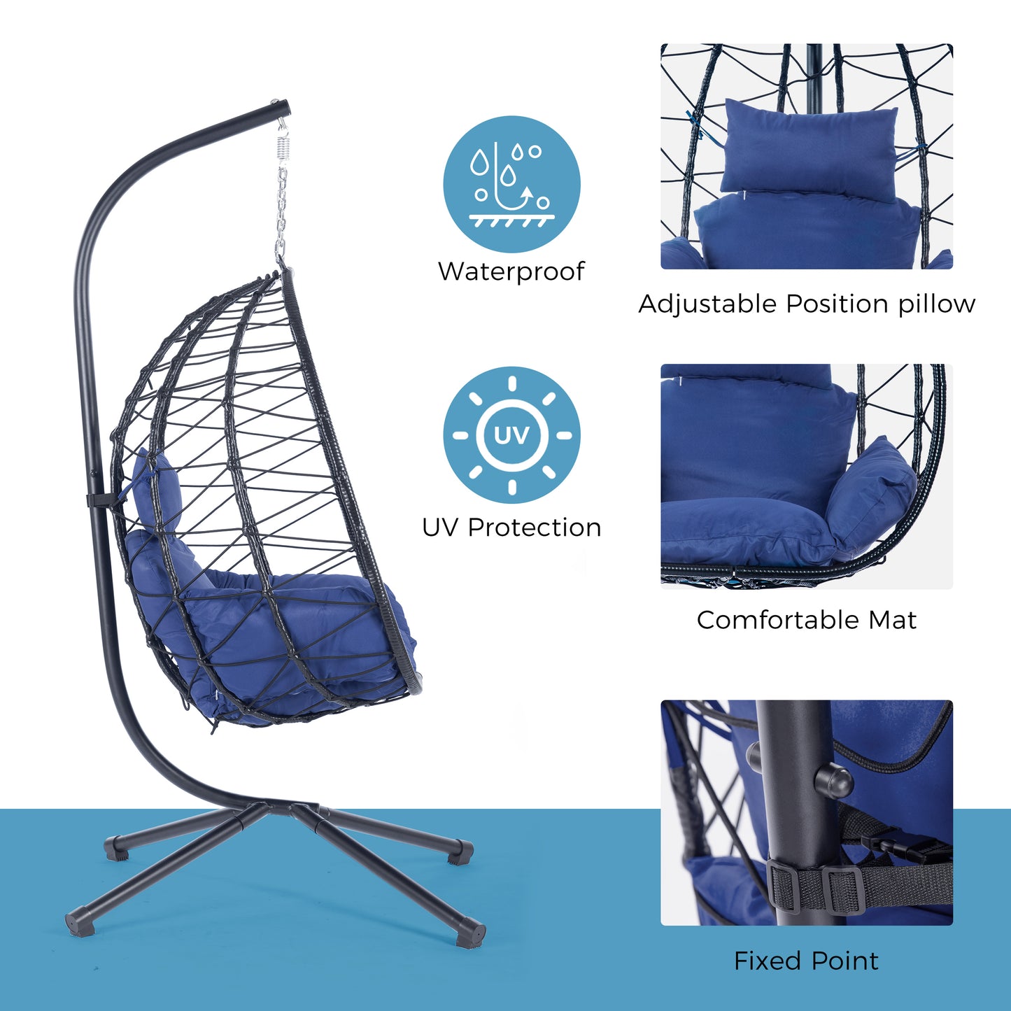 Melysen Egg Chair with Stand Indoor Outdoor Swing Chair Patio Wicker Hanging Egg Chair Hanging Basket Chair Hammock Chair with Stand for Bedroom Living Room Balcony,Navy Blue