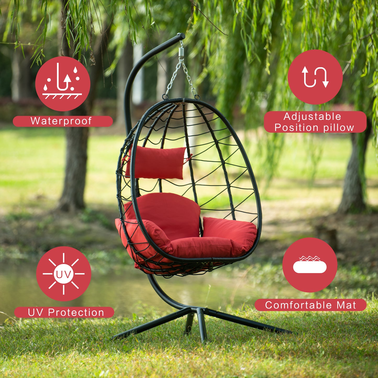 Melysen Egg Chair with Stand Indoor Outdoor Swing Chair Patio Wicker Hanging Egg Chair Hanging Basket Chair Hammock Chair with Stand for Bedroom Living Room Balcony,Red