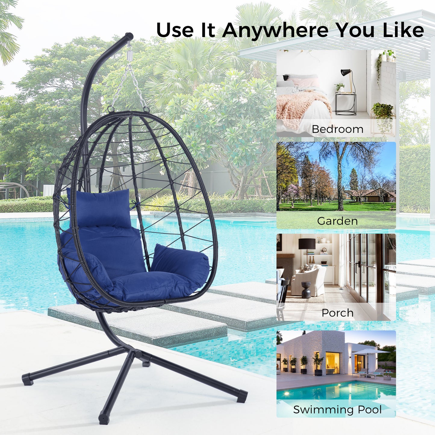 Melysen Egg Chair with Stand Indoor Outdoor Swing Chair Patio Wicker Hanging Egg Chair Hanging Basket Chair Hammock Chair with Stand for Bedroom Living Room Balcony,Navy Blue