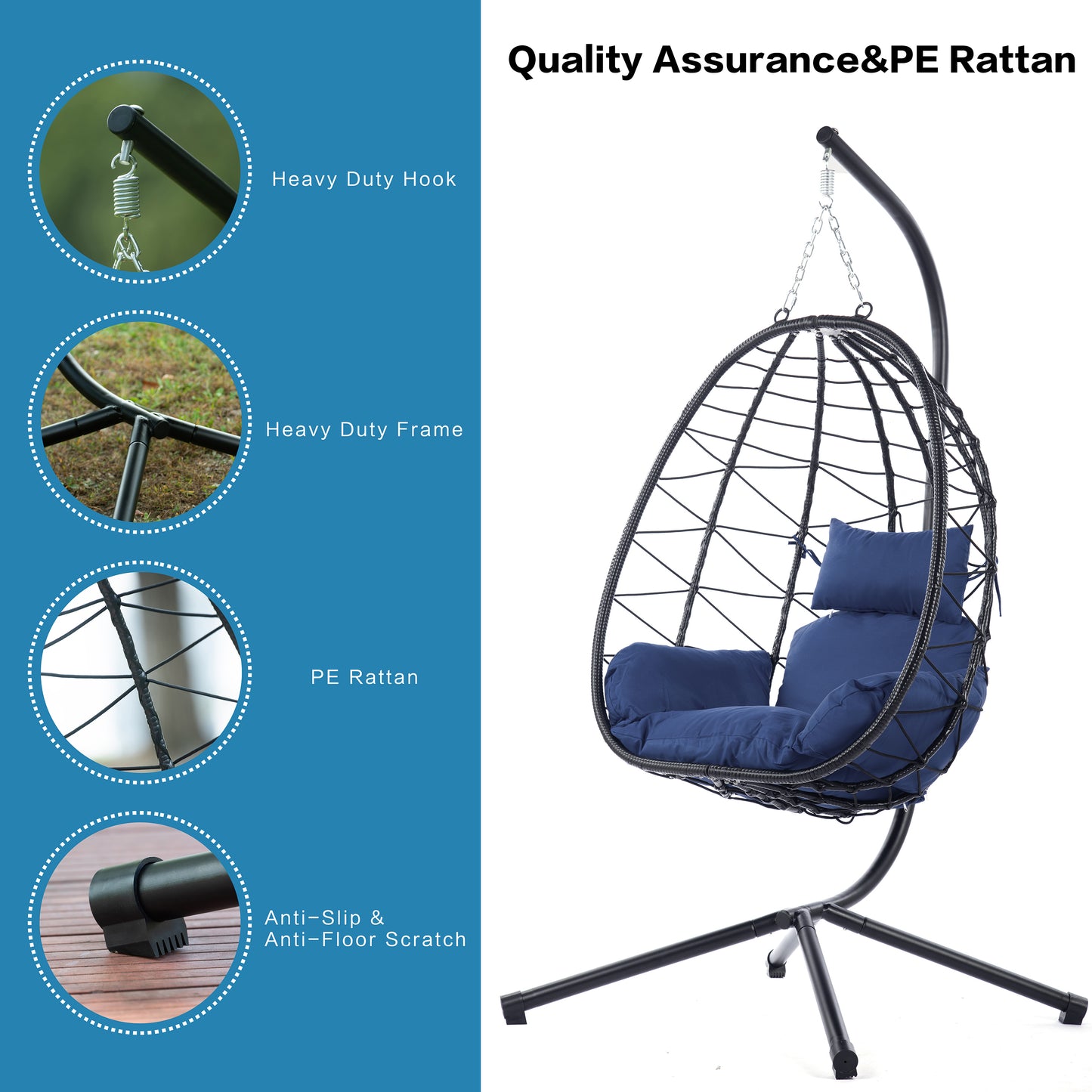 Melysen Egg Chair with Stand Indoor Outdoor Swing Chair Patio Wicker Hanging Egg Chair Hanging Basket Chair Hammock Chair with Stand for Bedroom Living Room Balcony,Navy Blue