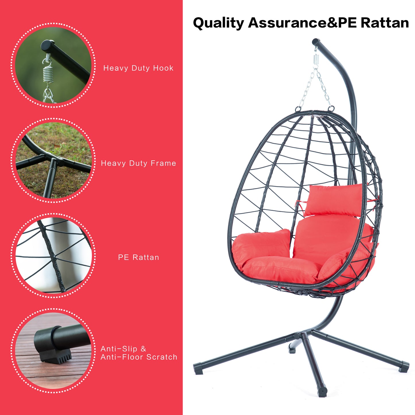 Melysen Egg Chair with Stand Indoor Outdoor Swing Chair Patio Wicker Hanging Egg Chair Hanging Basket Chair Hammock Chair with Stand for Bedroom Living Room Balcony,Red