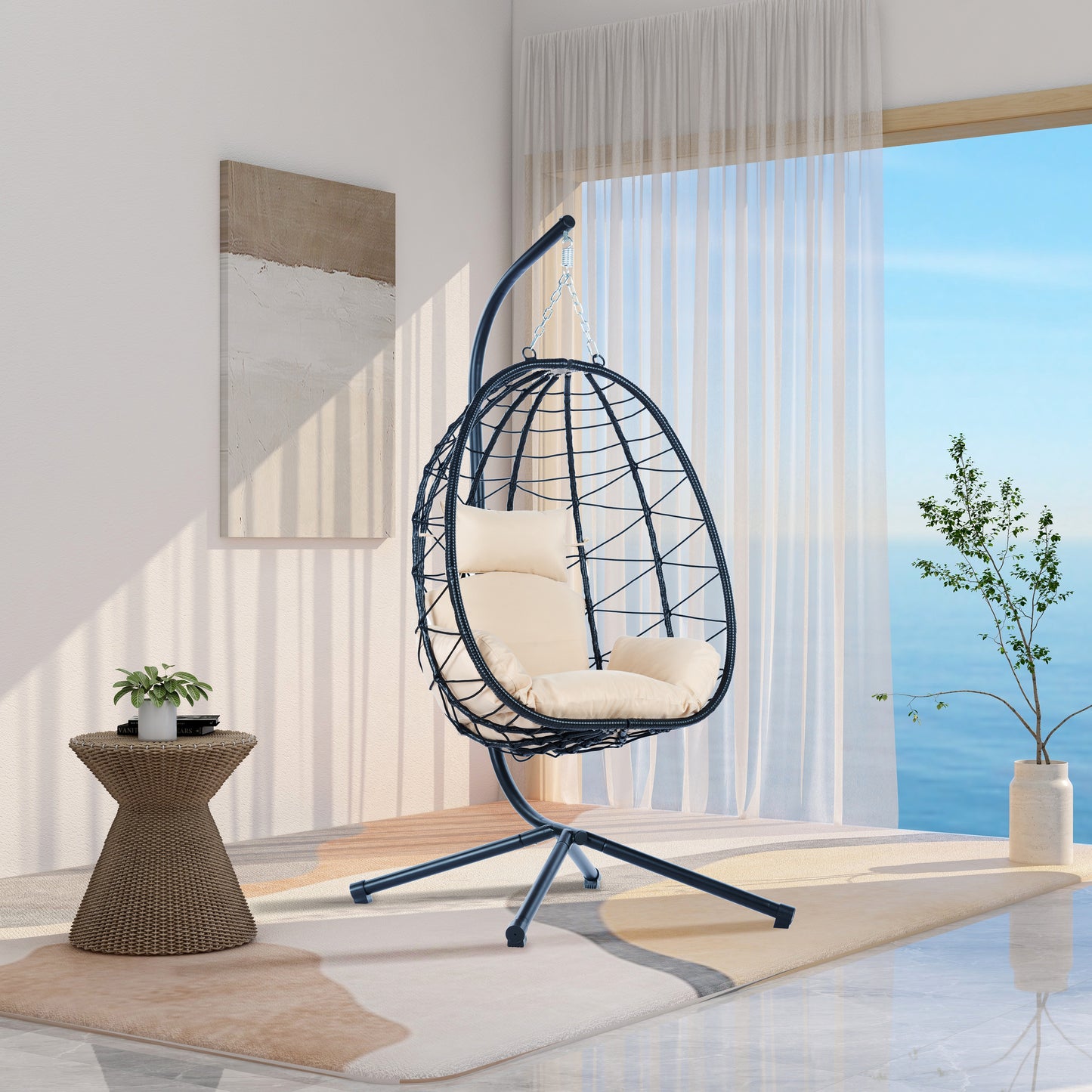 Melysen Egg Chair with Stand Indoor Outdoor Swing Chair Patio Wicker Hanging Egg Chair Hanging Basket Chair Hammock Chair with Stand for Bedroom Living Room Balcony,Beige