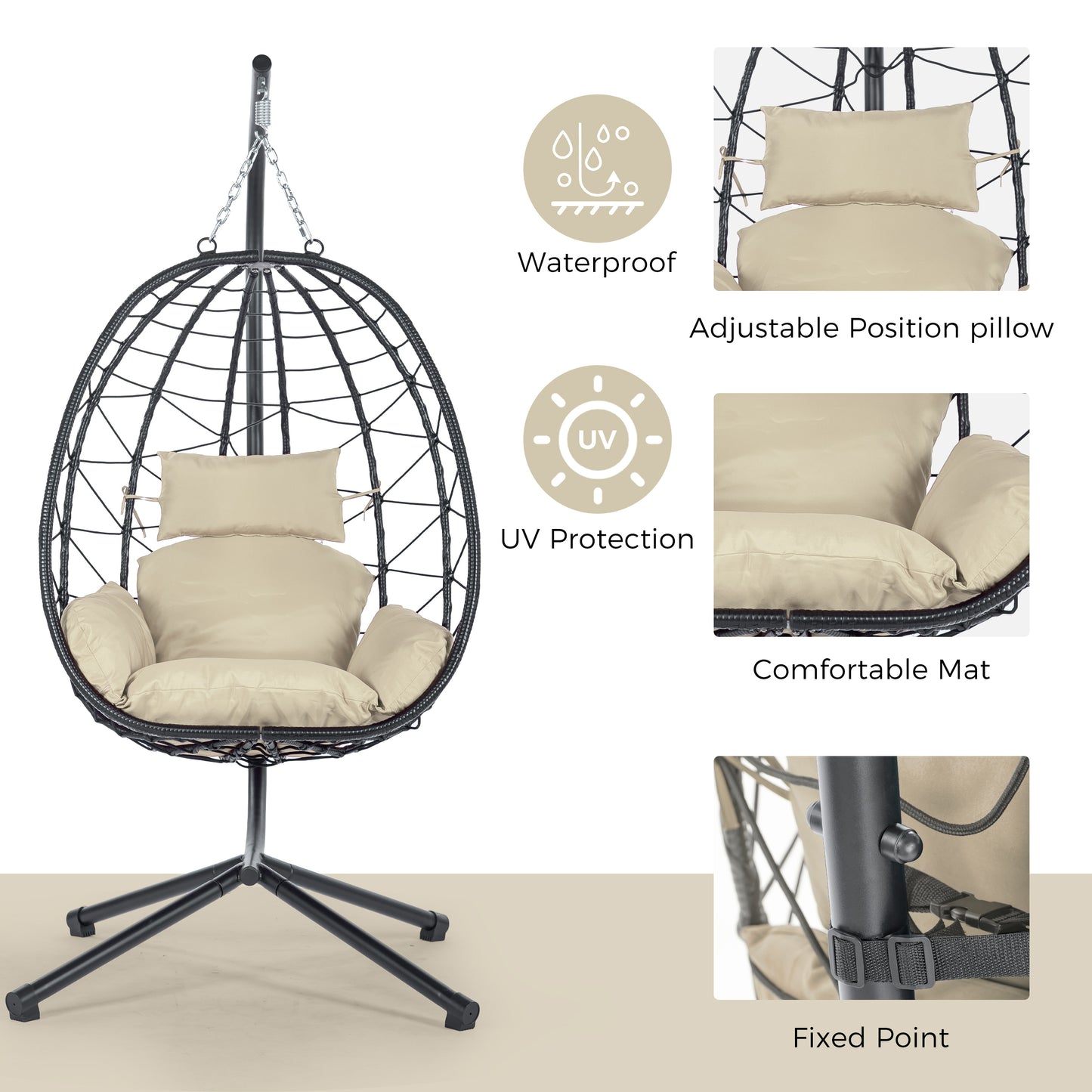 Melysen Egg Chair with Stand Indoor Outdoor Swing Chair Patio Wicker Hanging Egg Chair Hanging Basket Chair Hammock Chair with Stand for Bedroom Living Room Balcony,Beige