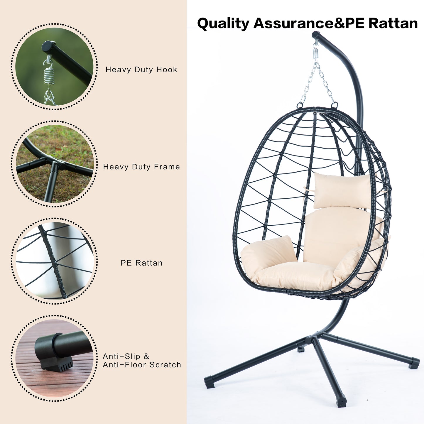 Melysen Egg Chair with Stand Indoor Outdoor Swing Chair Patio Wicker Hanging Egg Chair Hanging Basket Chair Hammock Chair with Stand for Bedroom Living Room Balcony,Beige