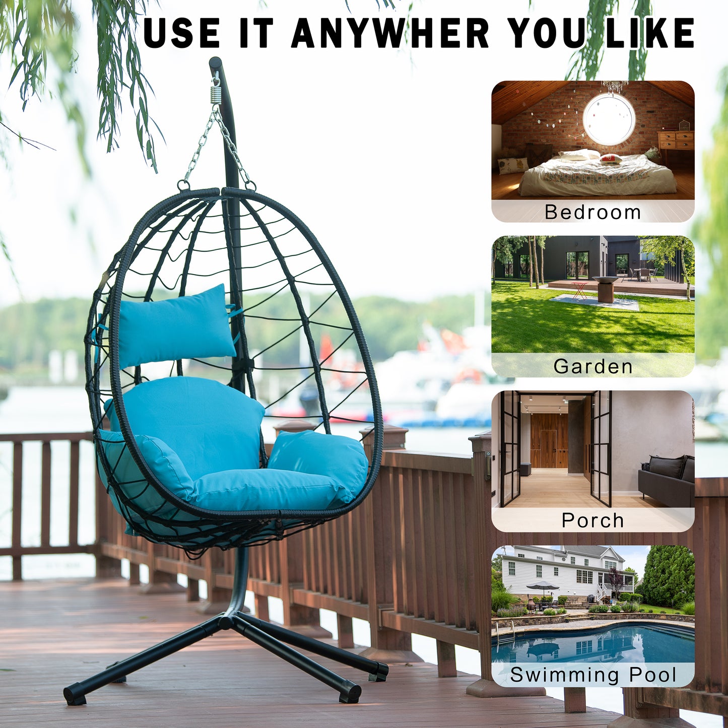 Melysen Egg Chair with Stand Indoor Outdoor Swing Chair Patio Wicker Hanging Egg Chair Hanging Basket Chair Hammock Chair with Stand for Bedroom Living Room Balcony,Light Blue