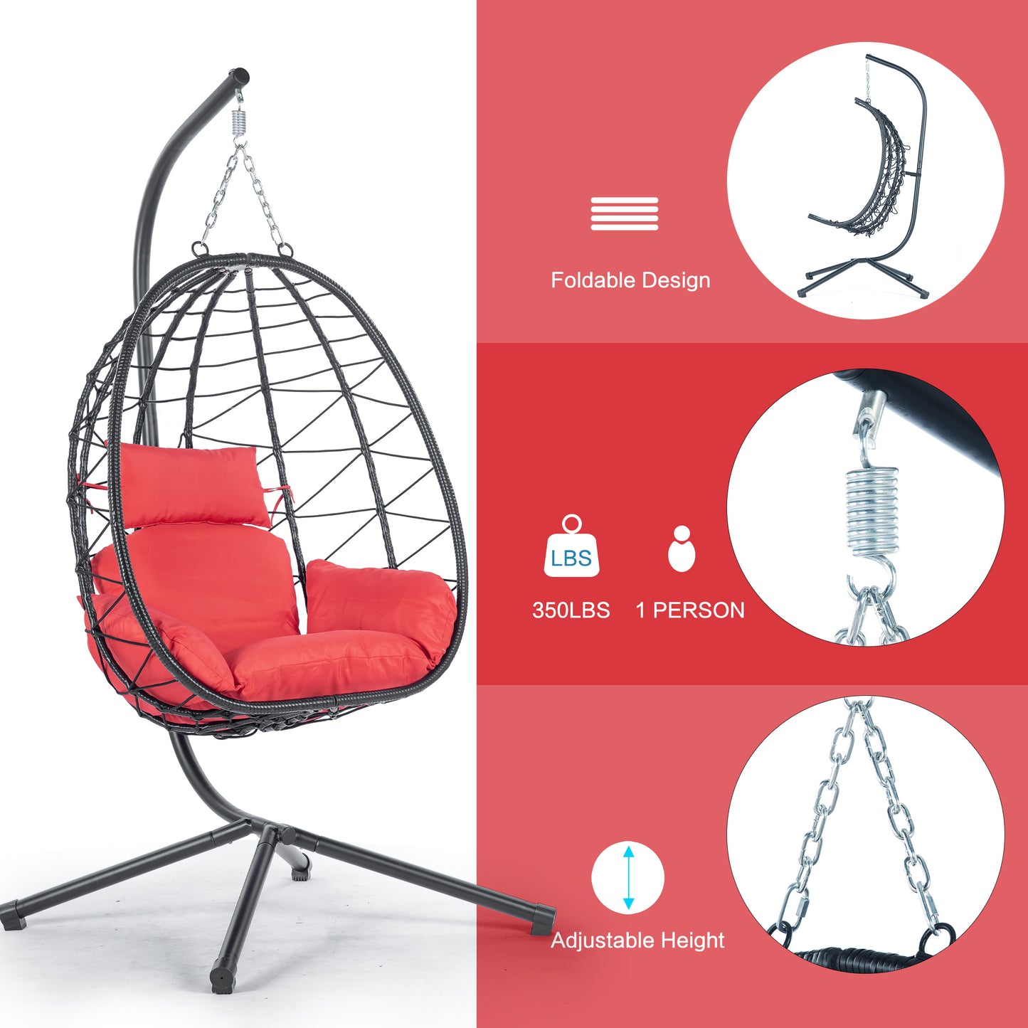 Melysen Egg Chair with Stand Indoor Outdoor Swing Chair Patio Wicker Hanging Egg Chair Hanging Basket Chair Hammock Chair with Stand for Bedroom Living Room Balcony,Red