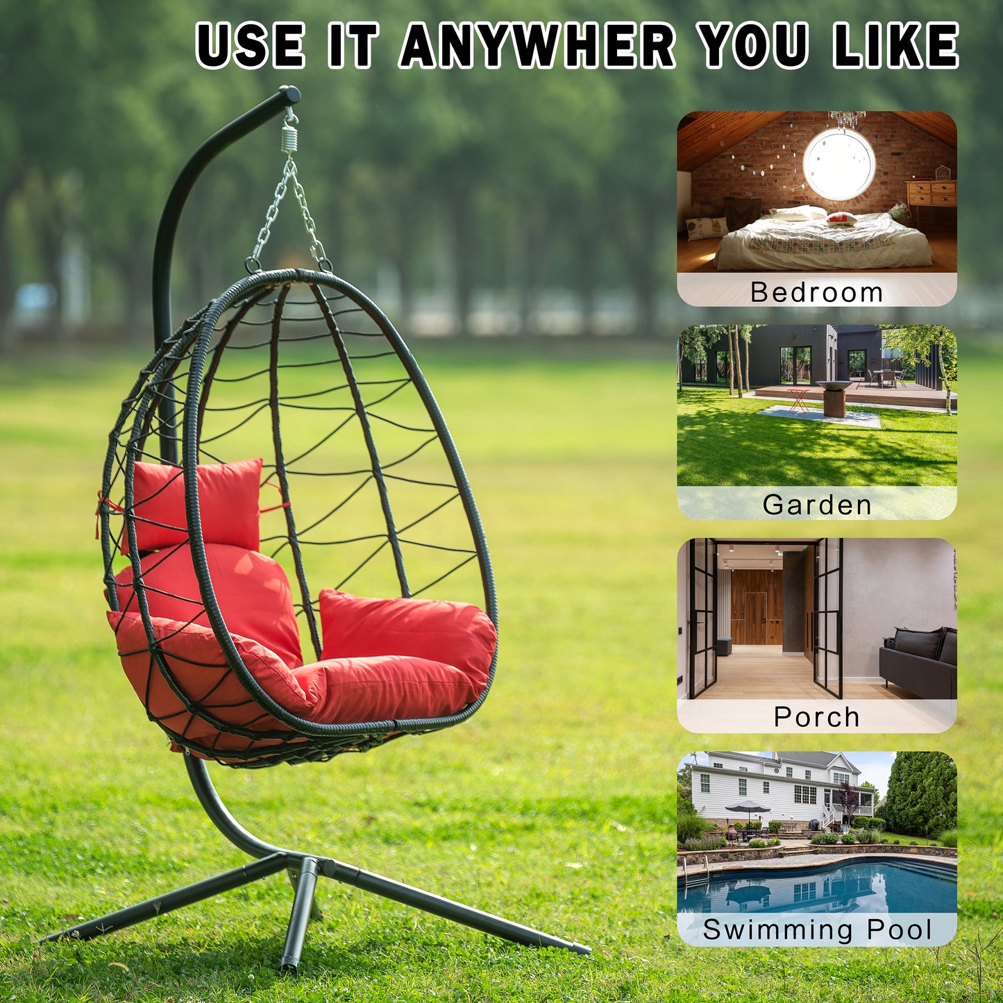 Melysen Egg Chair with Stand Indoor Outdoor Swing Chair Patio Wicker Hanging Egg Chair Hanging Basket Chair Hammock Chair with Stand for Bedroom Living Room Balcony,Red