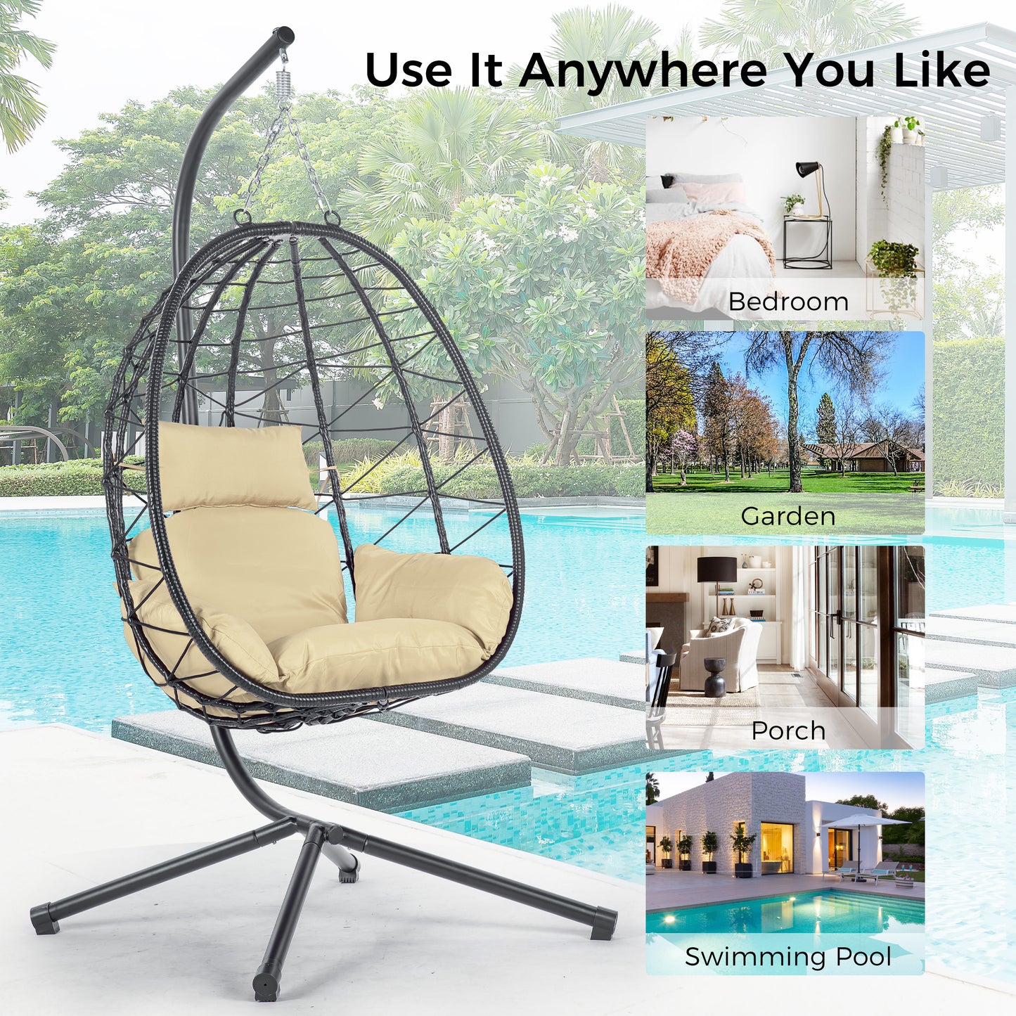 Melysen Egg Chair with Stand Indoor Outdoor Swing Chair Patio Wicker Hanging Egg Chair Hanging Basket Chair Hammock Chair with Stand for Bedroom Living Room Balcony,Beige