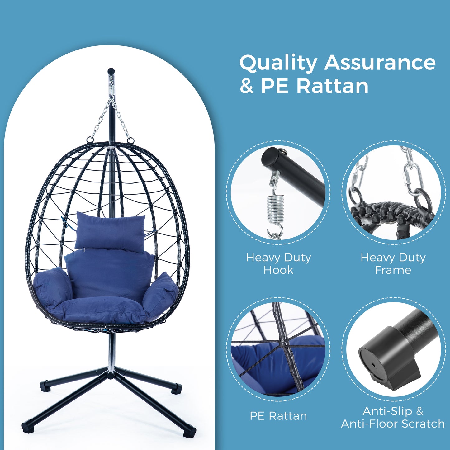 Melysen Egg Chair with Stand Indoor Outdoor Swing Chair Patio Wicker Hanging Egg Chair Hanging Basket Chair Hammock Chair with Stand for Bedroom Living Room Balcony,Navy Blue