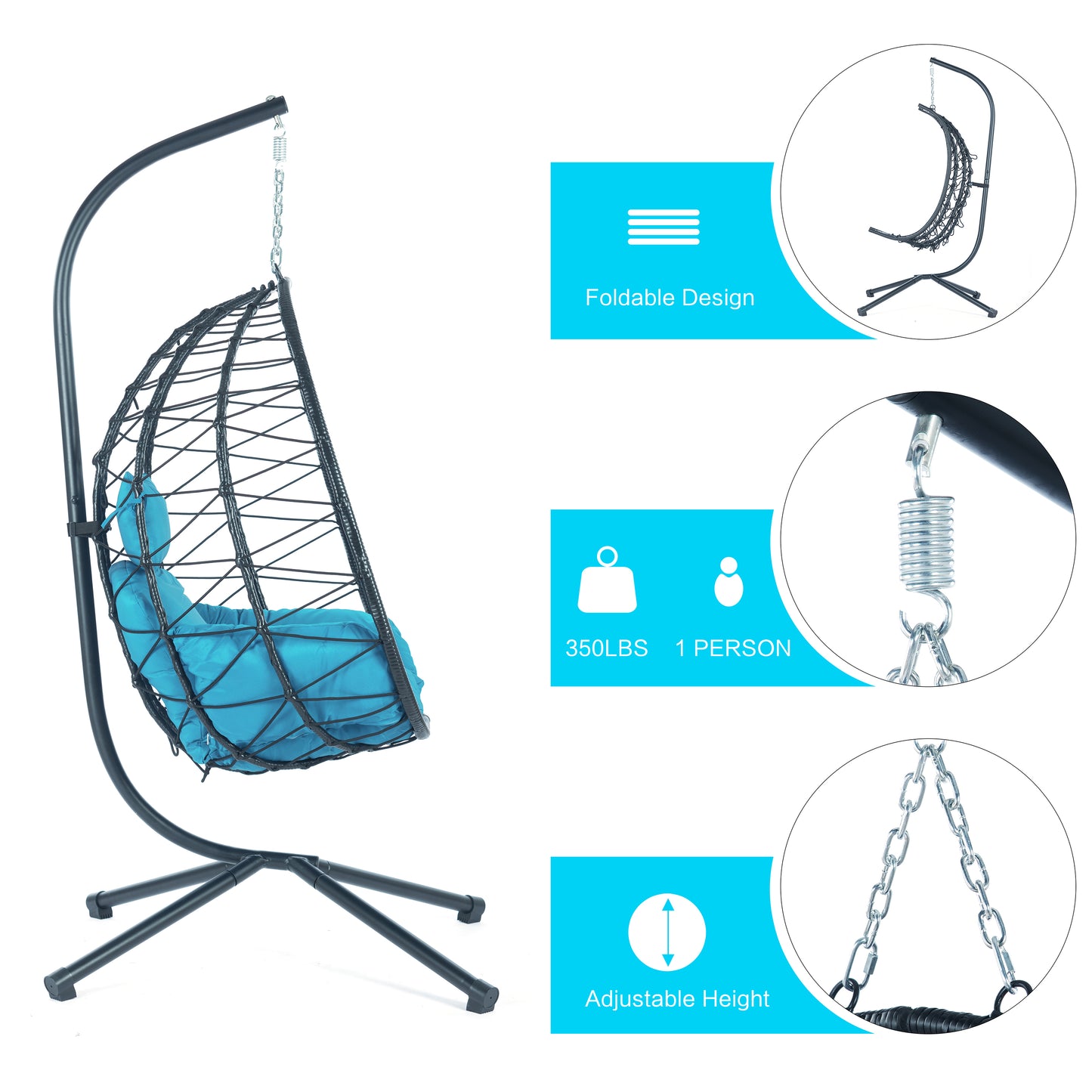 Melysen Egg Chair with Stand Indoor Outdoor Swing Chair Patio Wicker Hanging Egg Chair Hanging Basket Chair Hammock Chair with Stand for Bedroom Living Room Balcony,Light Blue