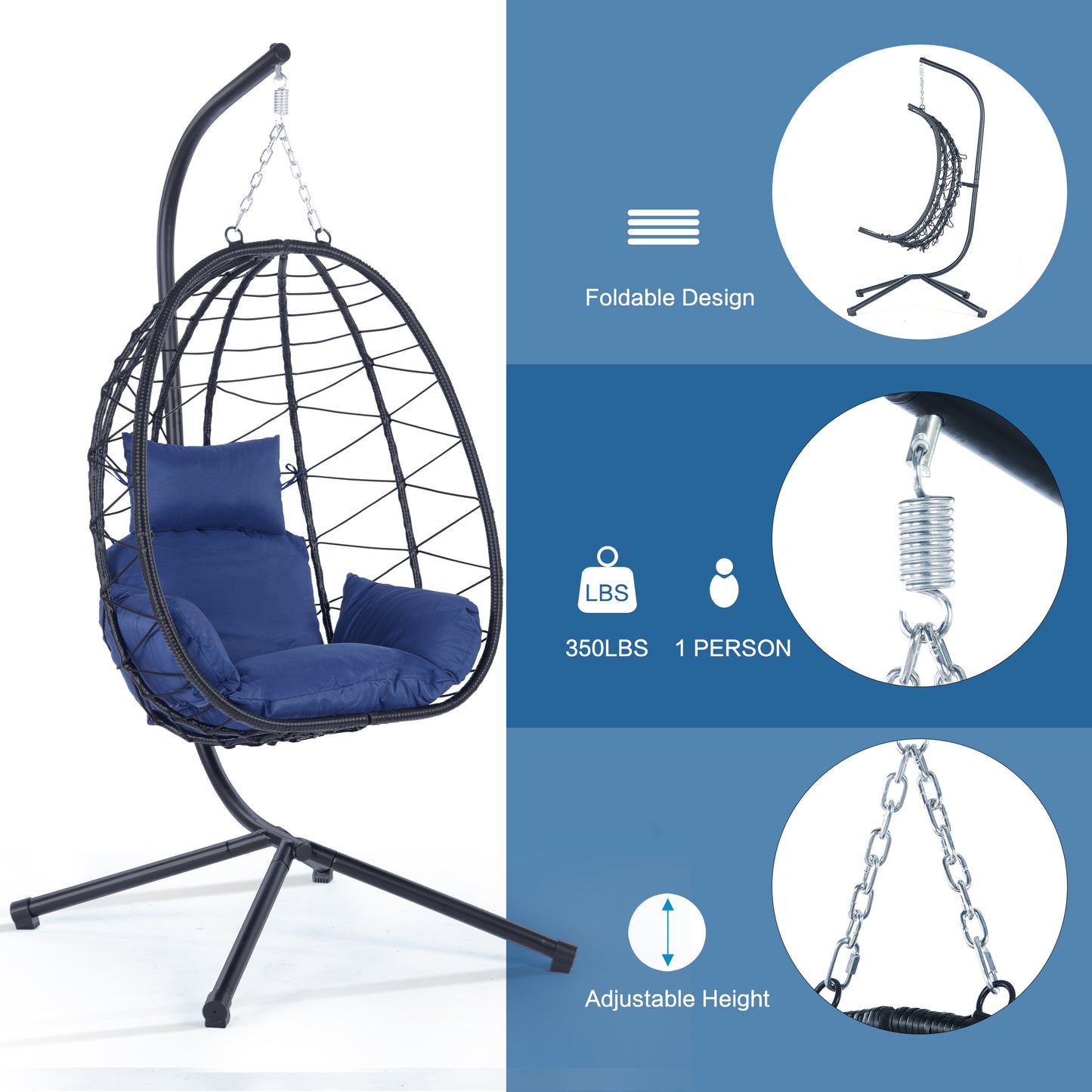 Melysen Egg Chair with Stand Indoor Outdoor Swing Chair Patio Wicker Hanging Egg Chair Hanging Basket Chair Hammock Chair with Stand for Bedroom Living Room Balcony,Navy Blue